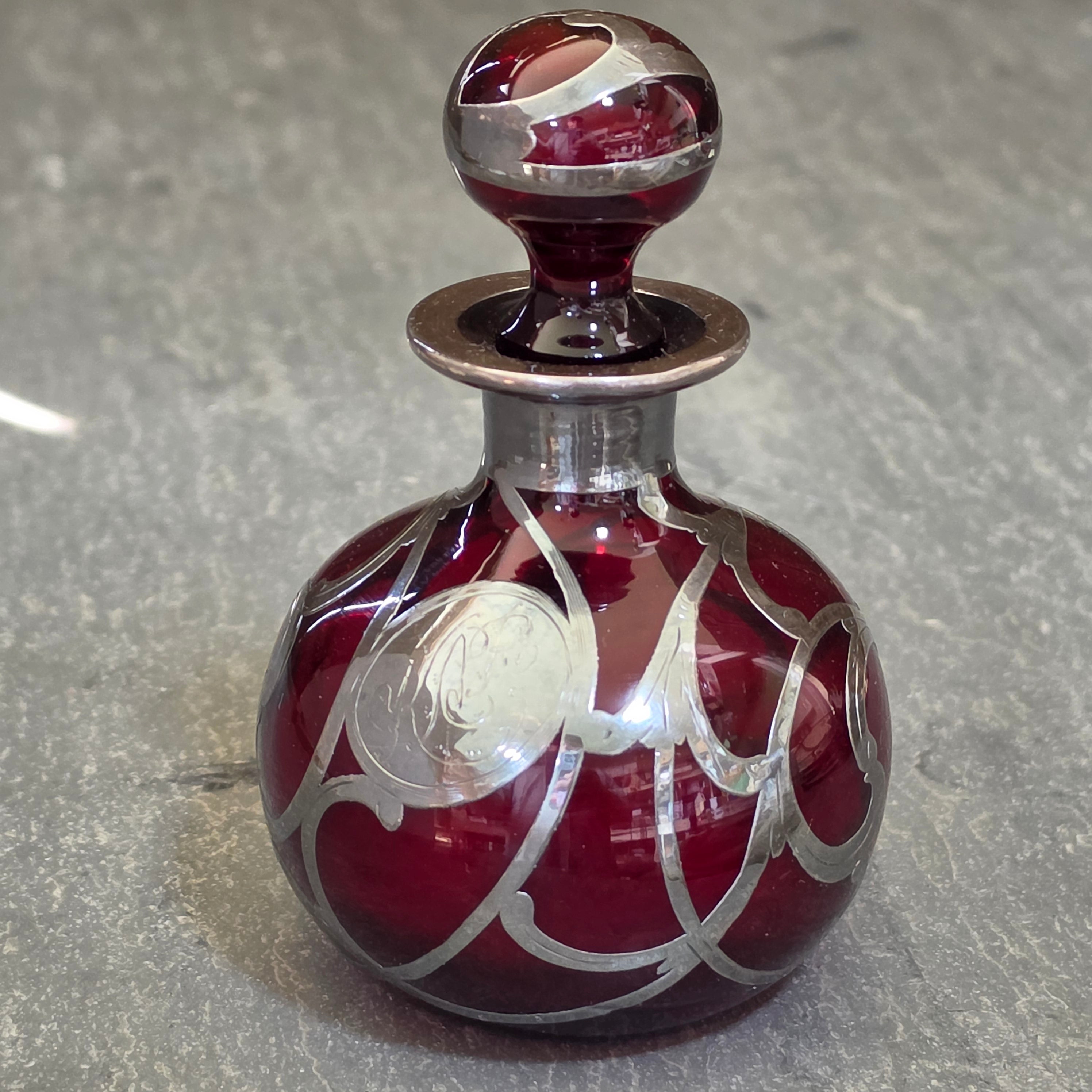 Antique Art Nouveau Sterling Silver Overlay Ruby Red Glass Perfume Scent Bottle