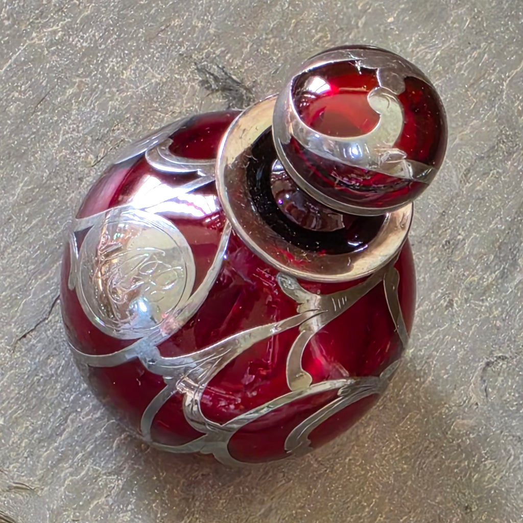 Antique Art Nouveau Sterling Silver Overlay Ruby Red Glass Perfume Scent Bottle