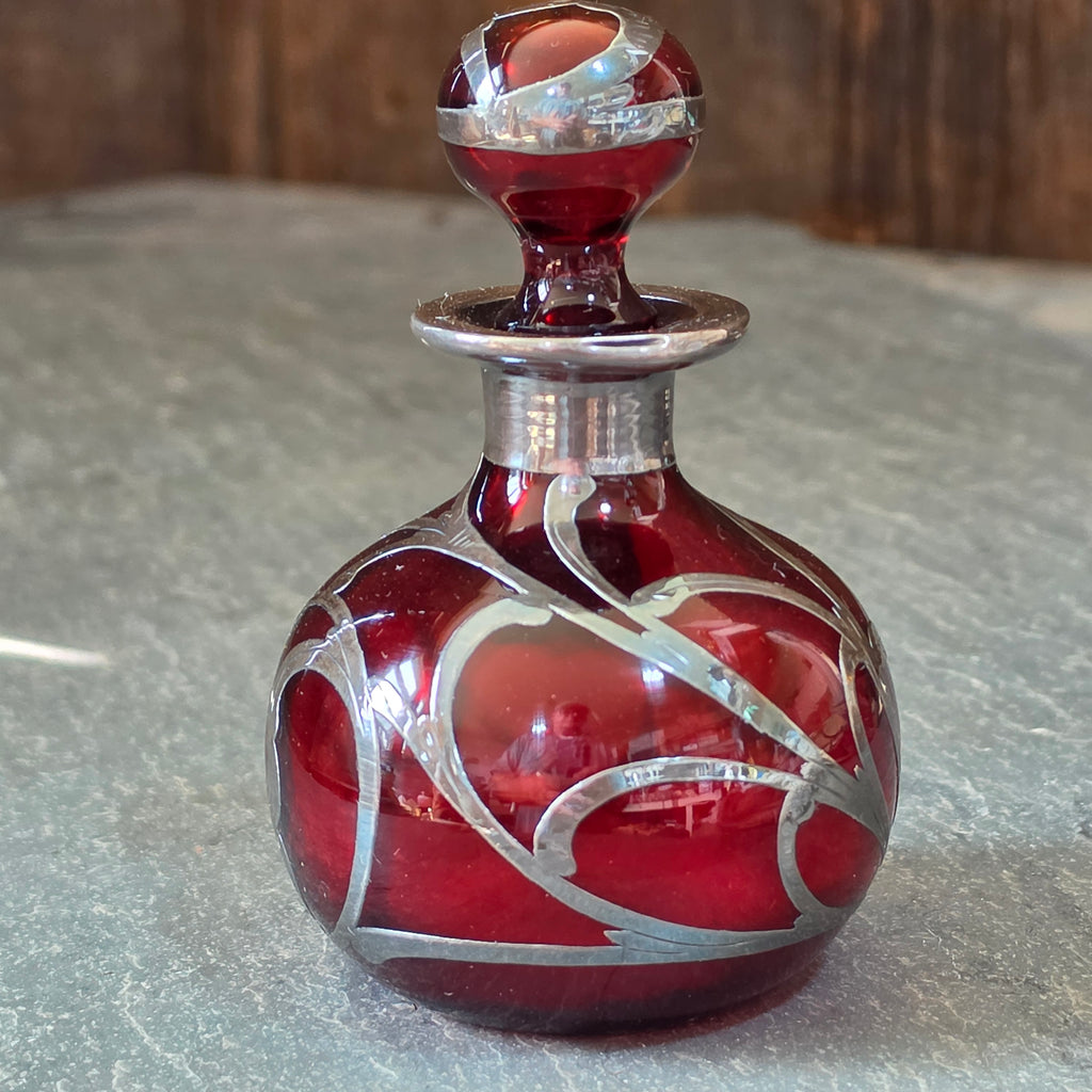 Antique Art Nouveau Sterling Silver Overlay Ruby Red Glass Perfume Scent Bottle