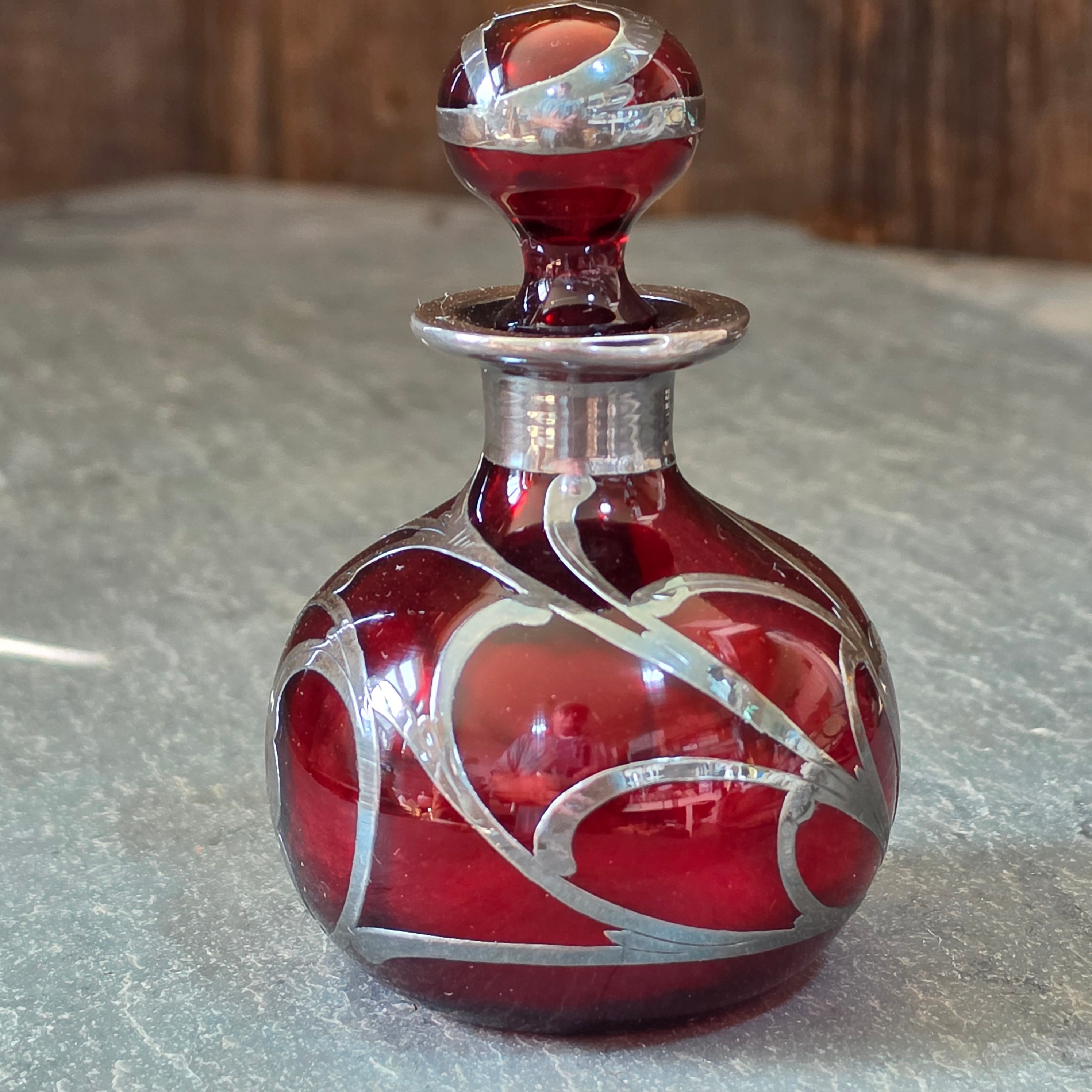 Antique Art Nouveau Sterling Silver Overlay Ruby Red Glass Perfume Scent Bottle