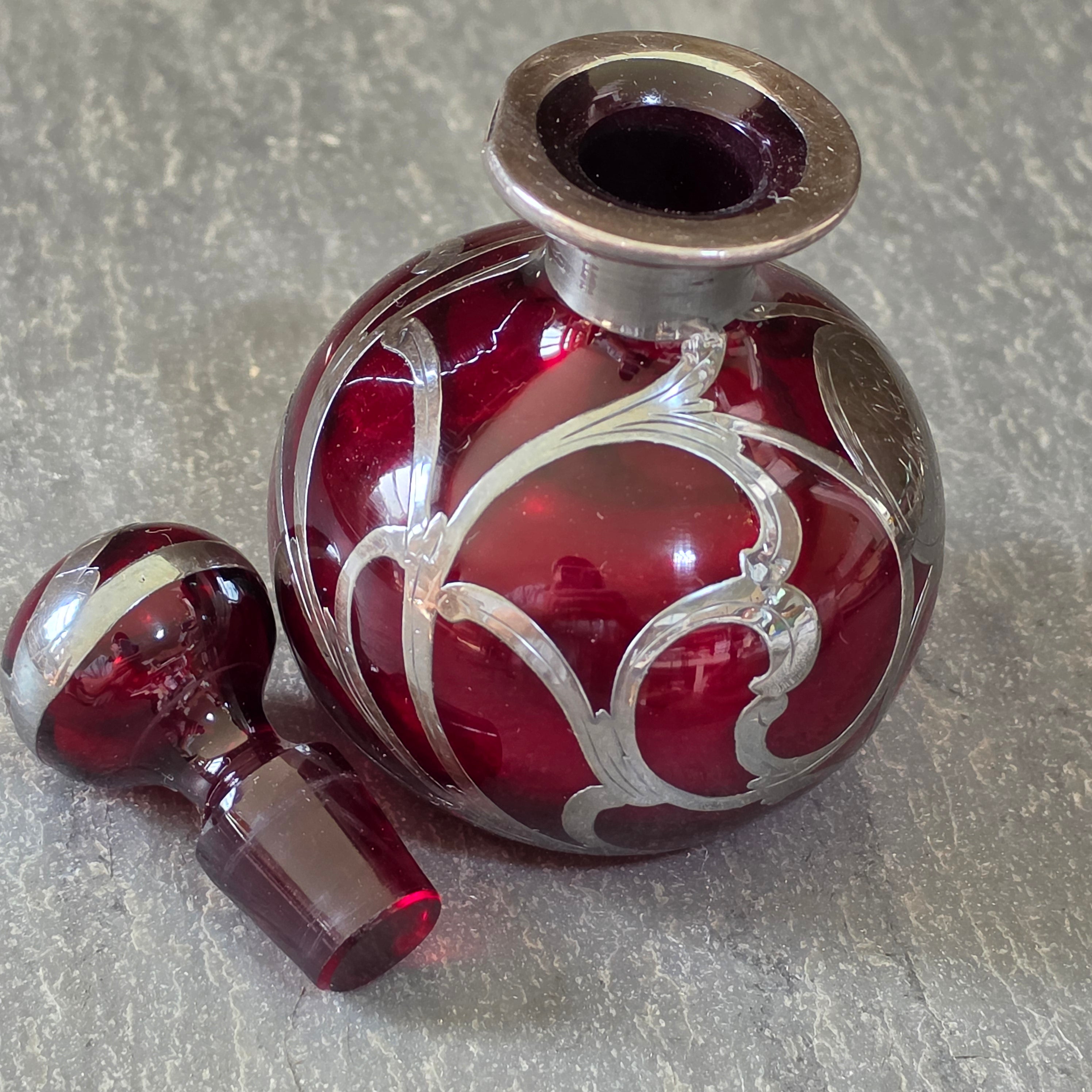 Antique Art Nouveau Sterling Silver Overlay Ruby Red Glass Perfume Scent Bottle
