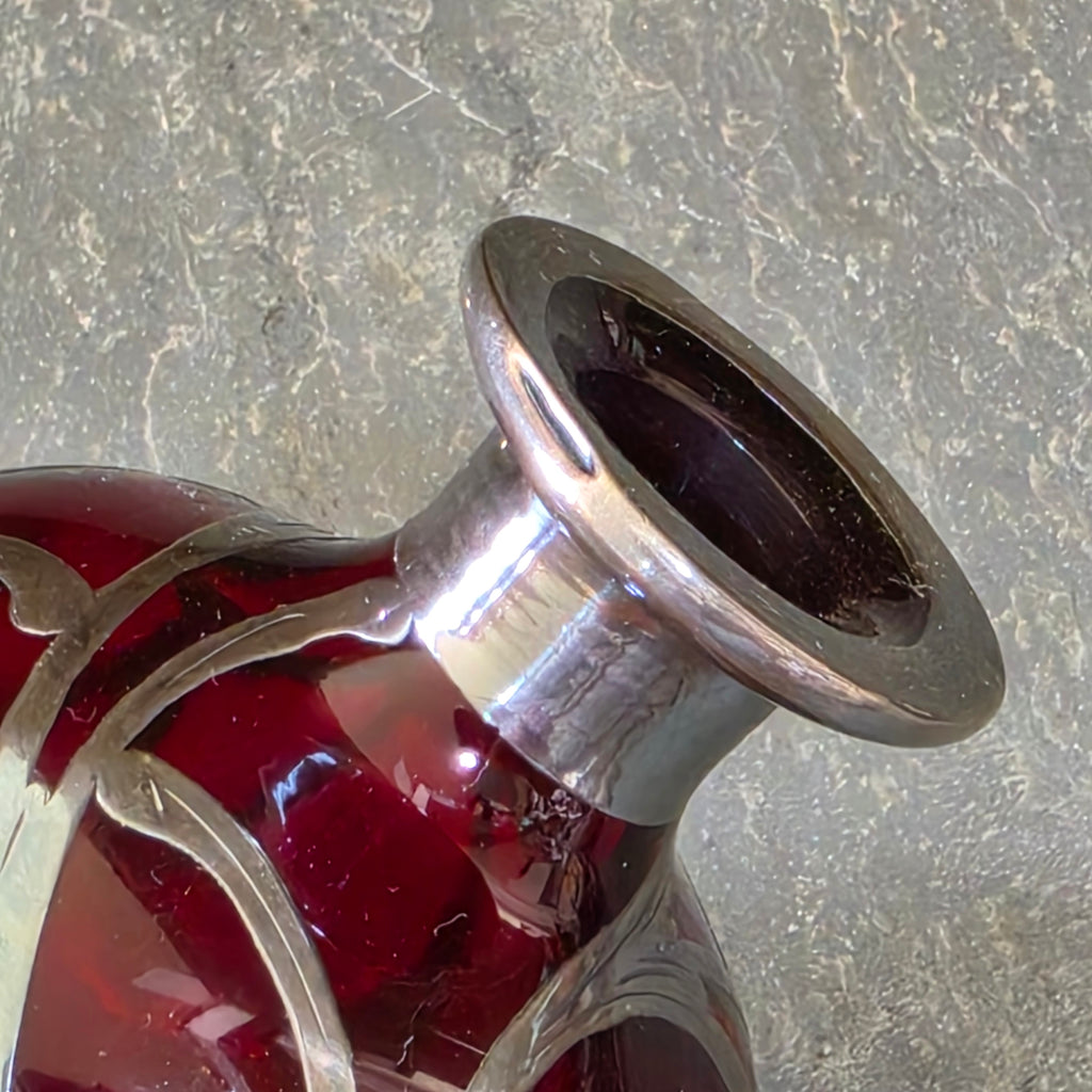 Antique Art Nouveau Sterling Silver Overlay Ruby Red Glass Perfume Scent Bottle