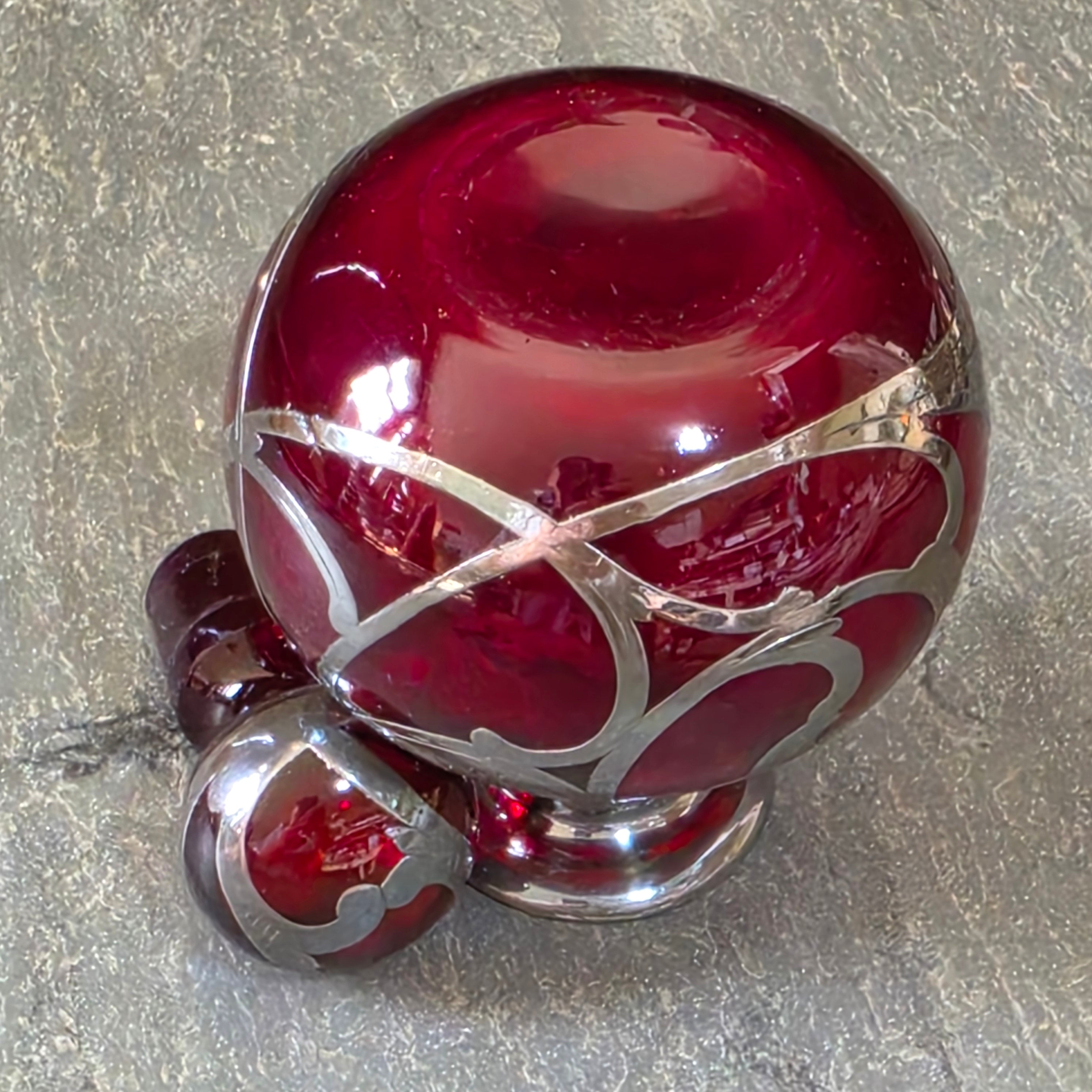 Antique Art Nouveau Sterling Silver Overlay Ruby Red Glass Perfume Scent Bottle
