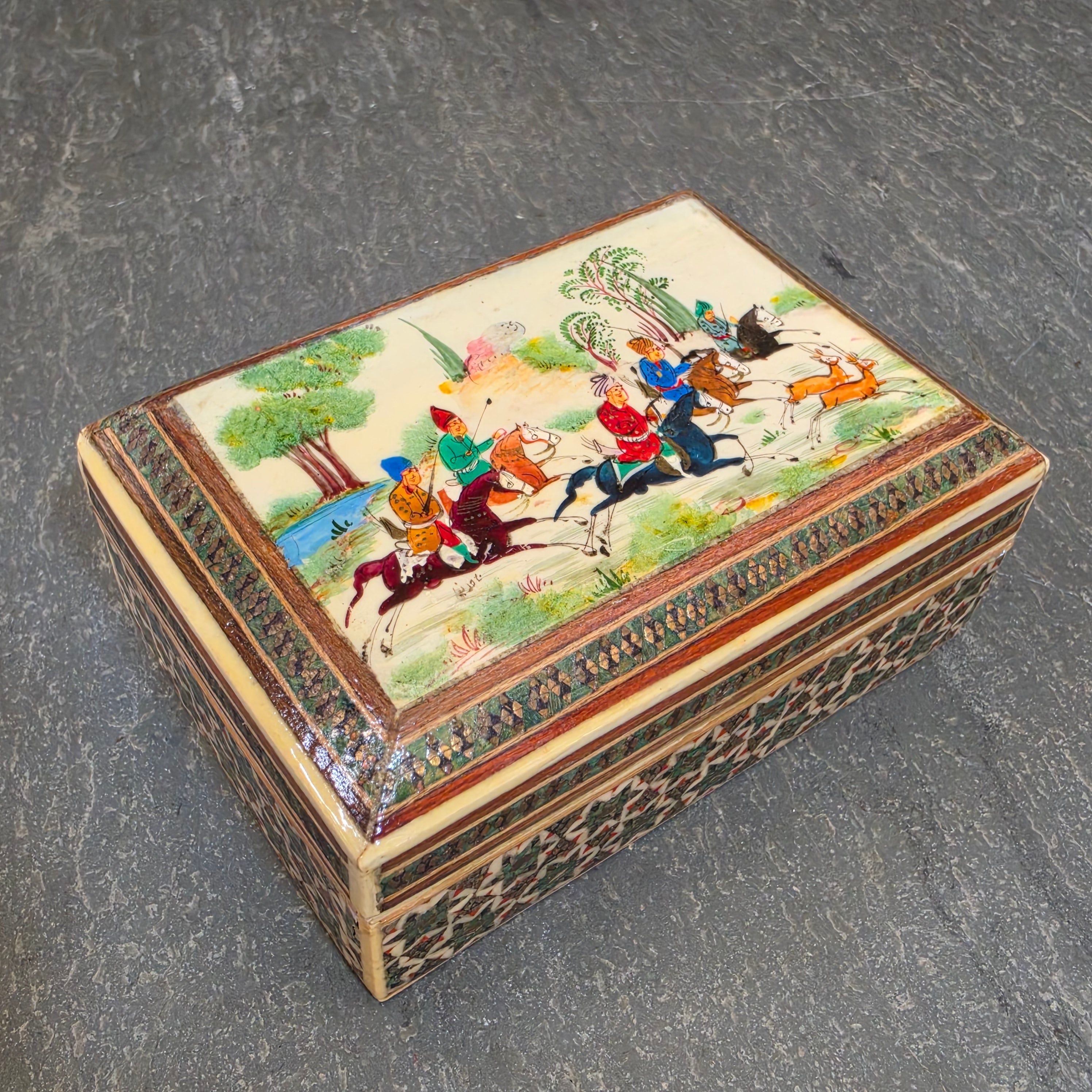 Vintage Persian Khatam Kari Inlaid Box Hand Painted Miniature Polo Hunt Scene