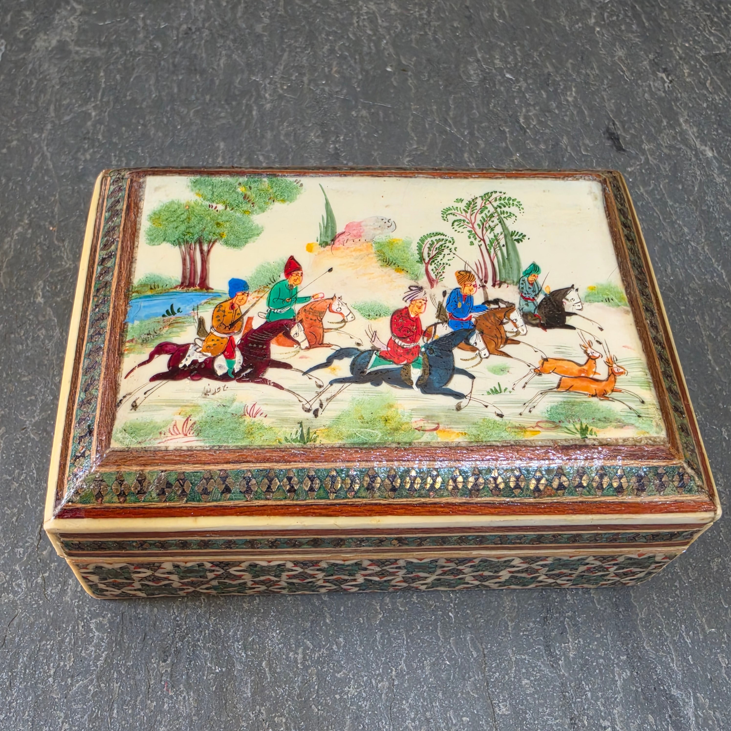 Vintage Persian Khatam Kari Inlaid Box Hand Painted Miniature Polo Hunt Scene