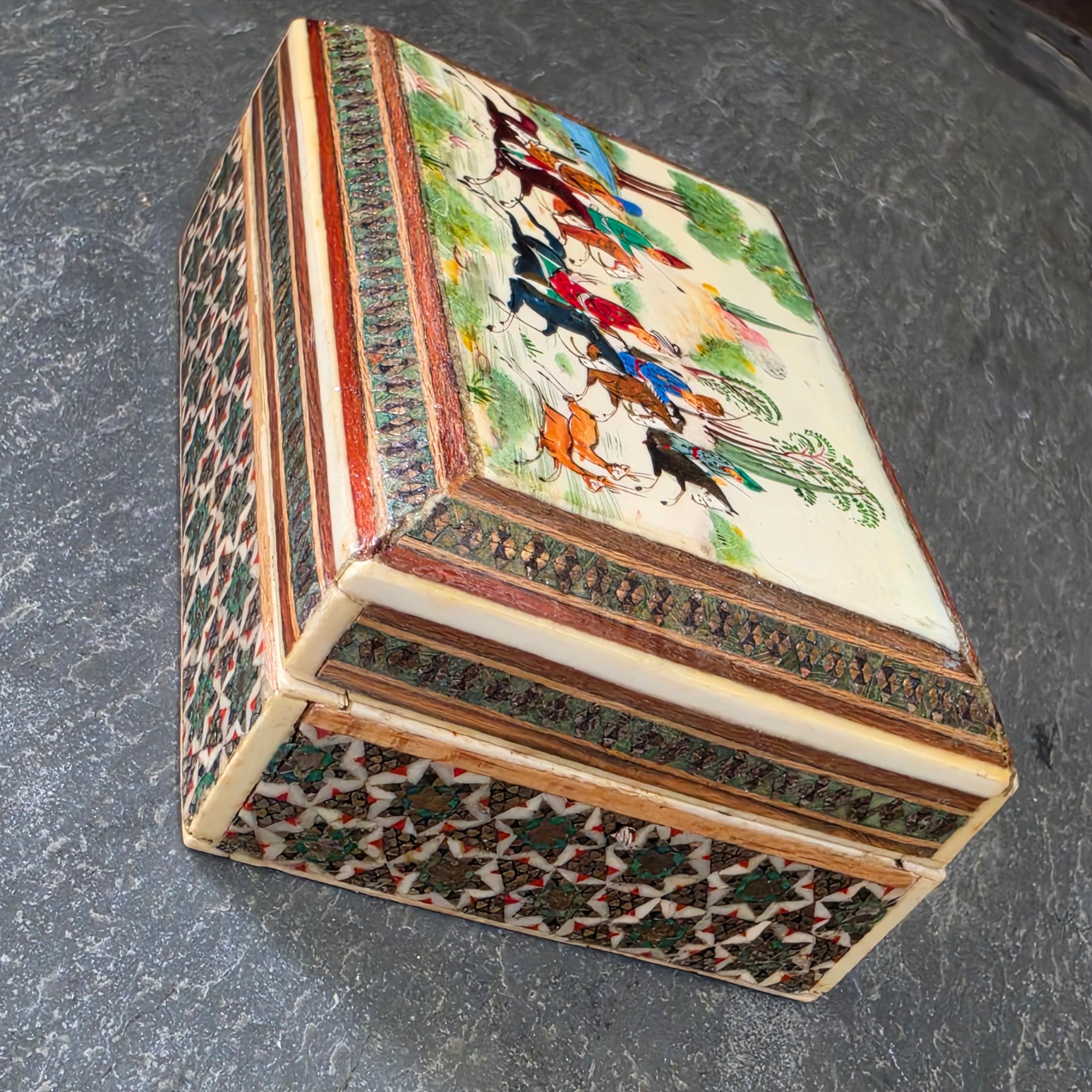 Vintage Persian Khatam Kari Inlaid Box Hand Painted Miniature Polo Hunt Scene