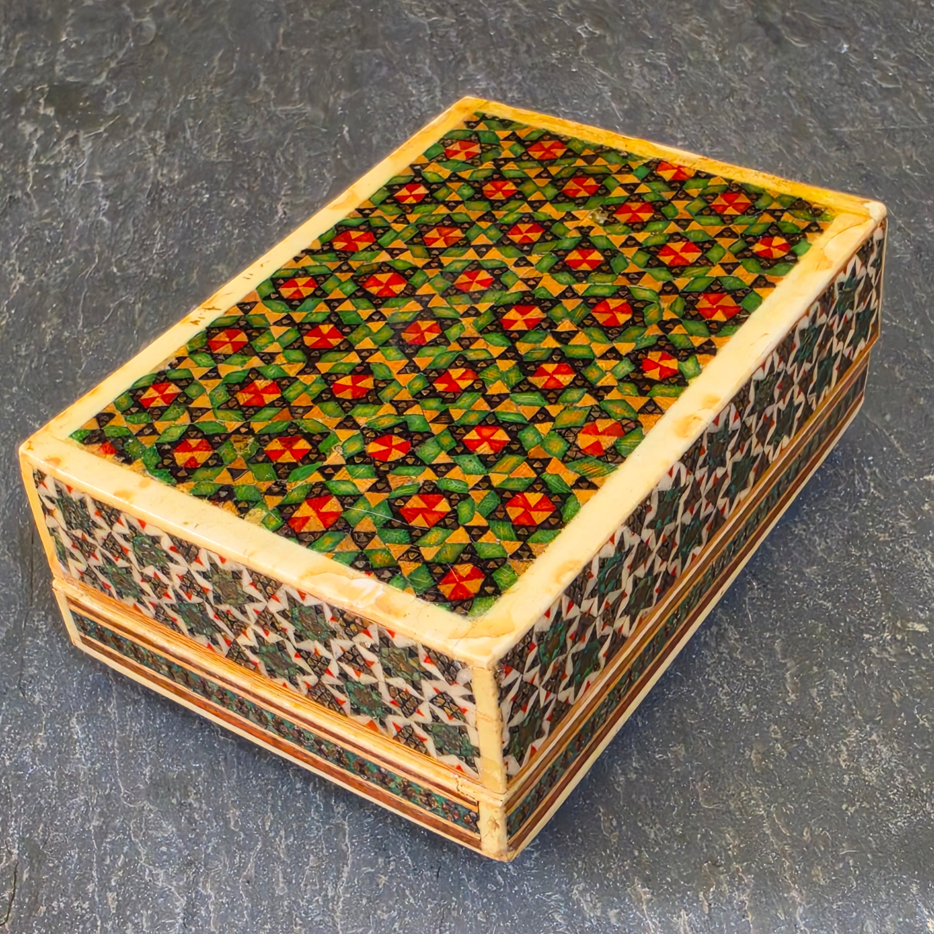 Vintage Persian Khatam Kari Inlaid Box Hand Painted Miniature Polo Hunt Scene