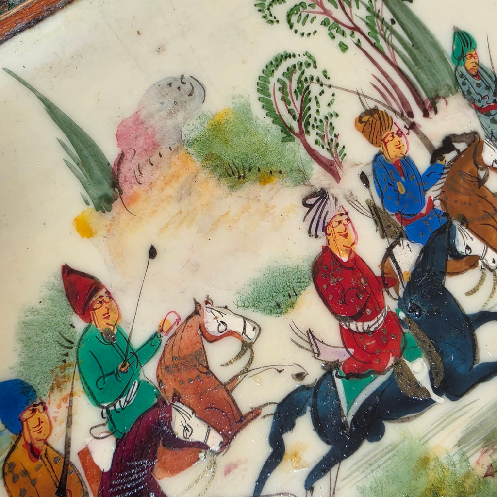 Vintage Persian Khatam Kari Inlaid Box Hand Painted Miniature Polo Hunt Scene