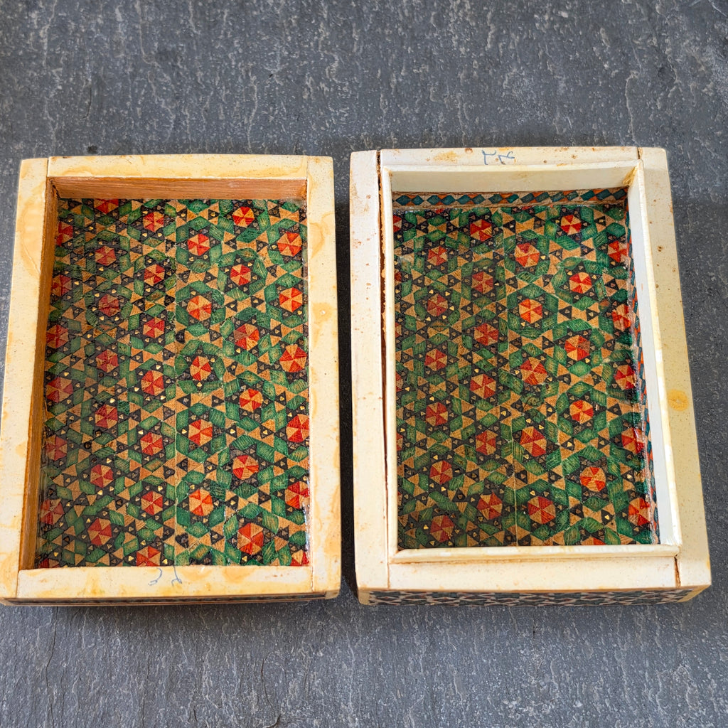 Vintage Persian Khatam Kari Inlaid Box Hand Painted Miniature Polo Hunt Scene
