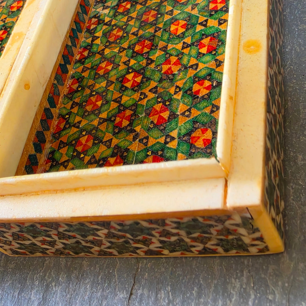 Vintage Persian Khatam Kari Inlaid Box Hand Painted Miniature Polo Hunt Scene