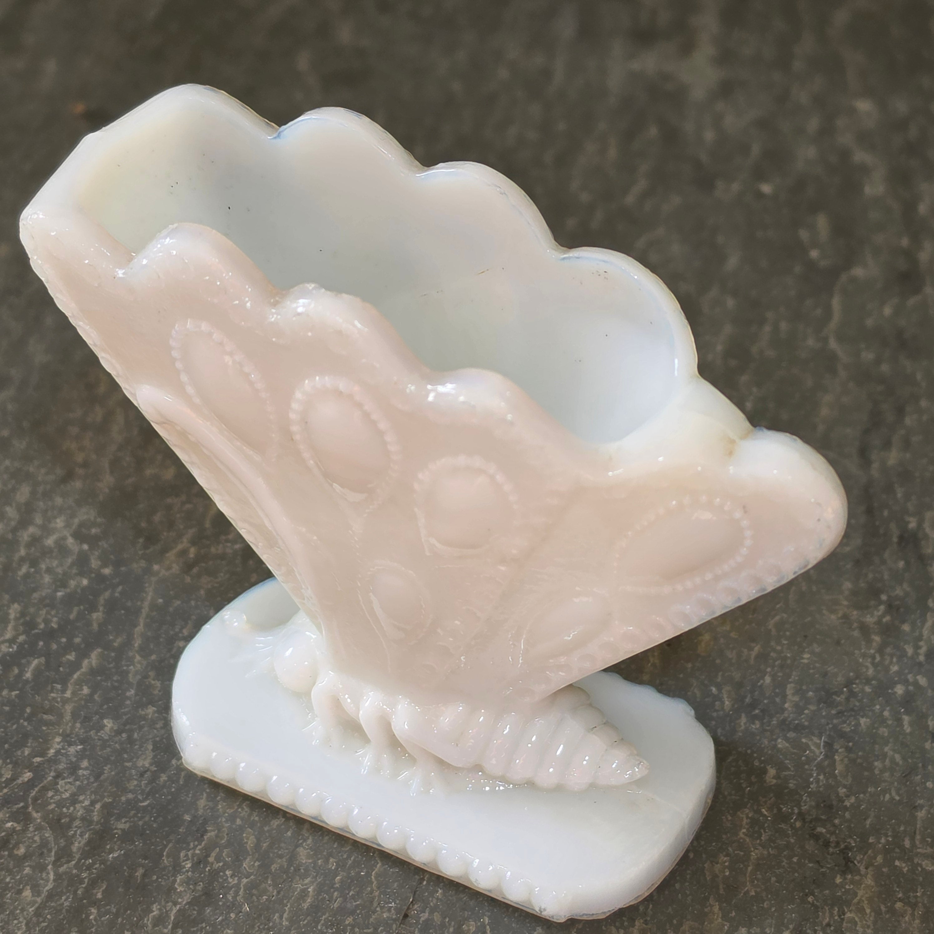 Antique EAPG White Milk Glass Butterfly Toothpick Holder Match Stand Fan Vase