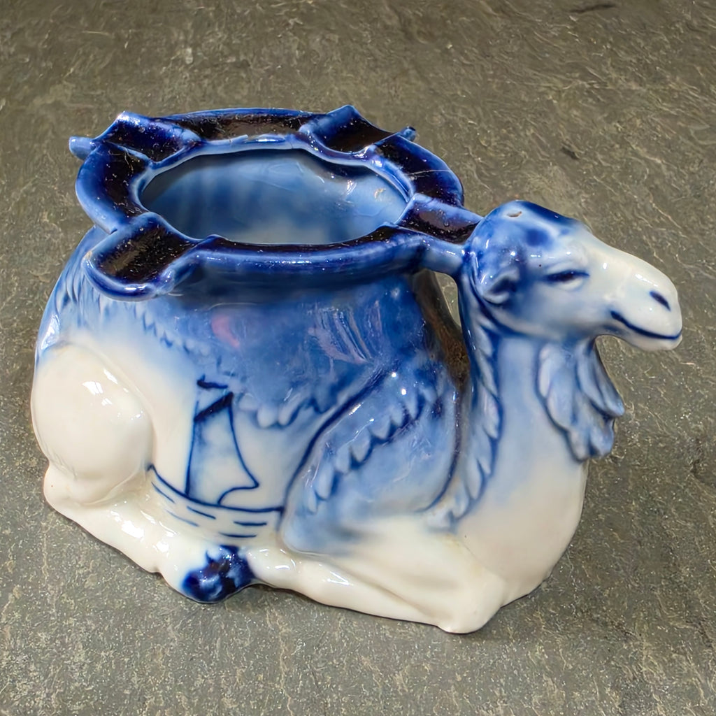 Antique Flow Blue Porcelain Figural Camel Ashtray Match Holder Germany Sailboat
