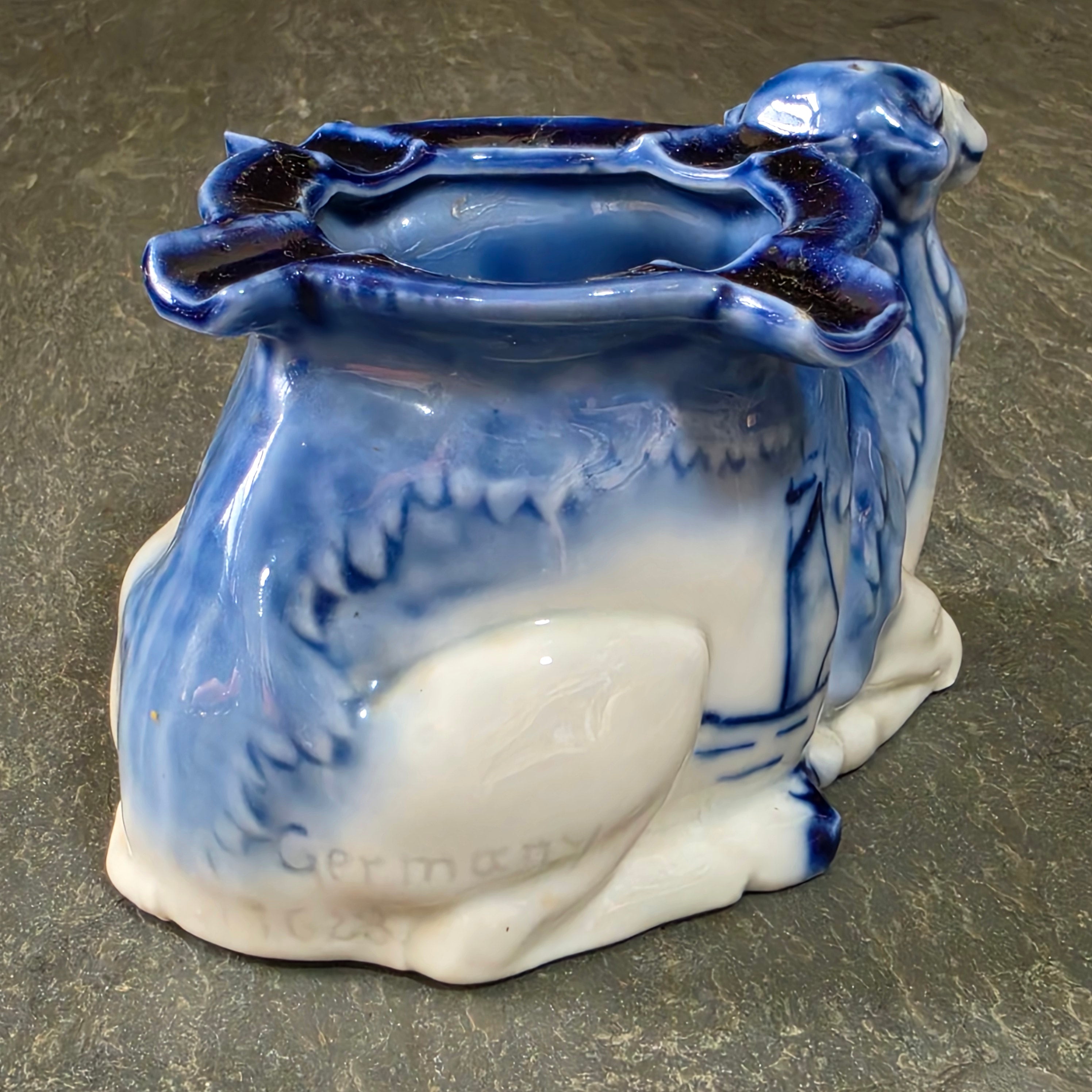 Antique Flow Blue Porcelain Figural Camel Ashtray Match Holder Germany Sailboat