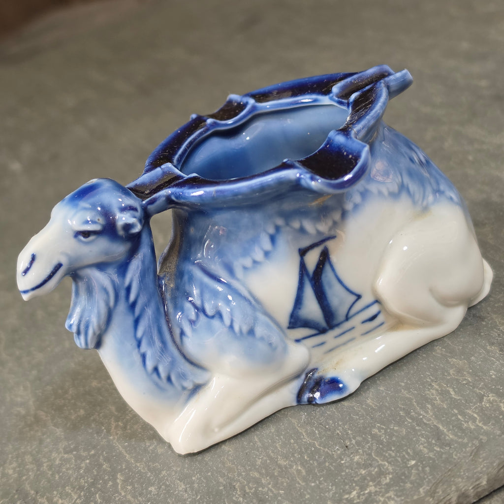 Antique Flow Blue Porcelain Figural Camel Ashtray Match Holder Germany Sailboat