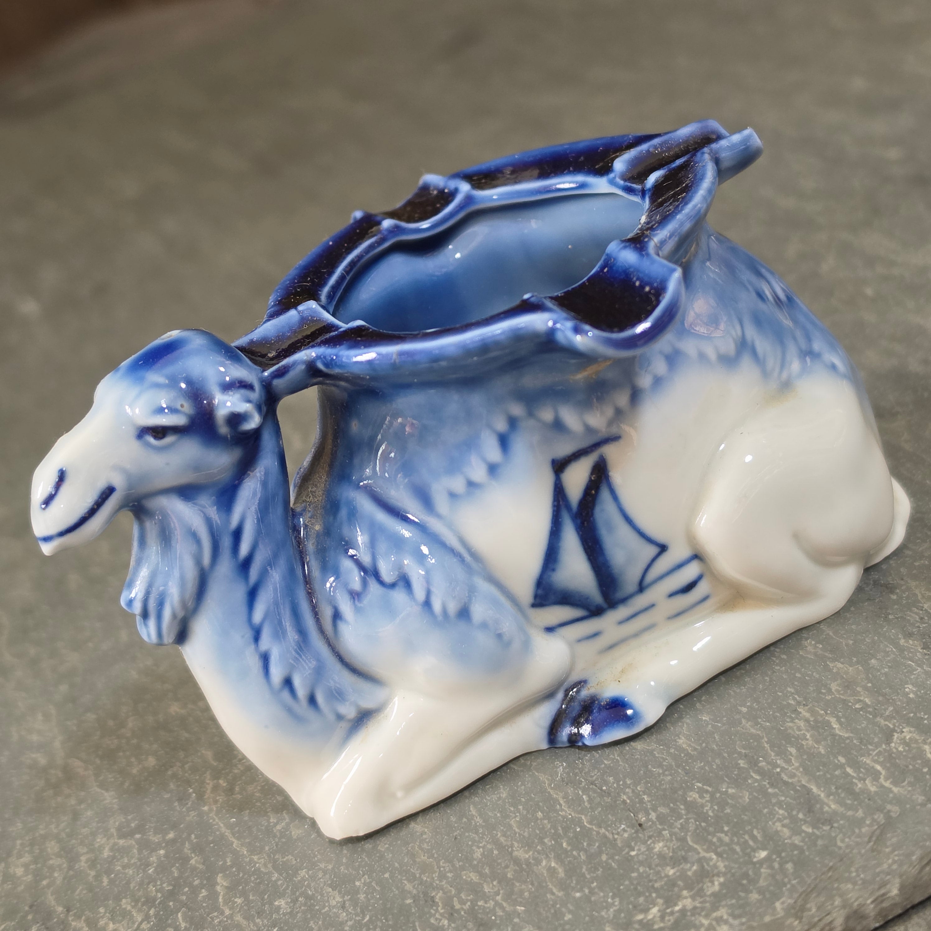 Antique Flow Blue Porcelain Figural Camel Ashtray Match Holder Germany Sailboat