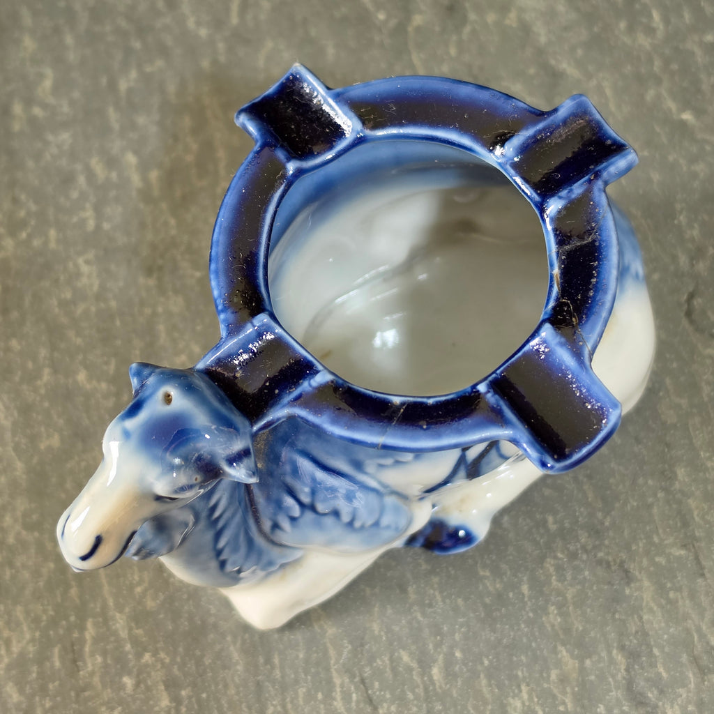 Antique Flow Blue Porcelain Figural Camel Ashtray Match Holder Germany Sailboat