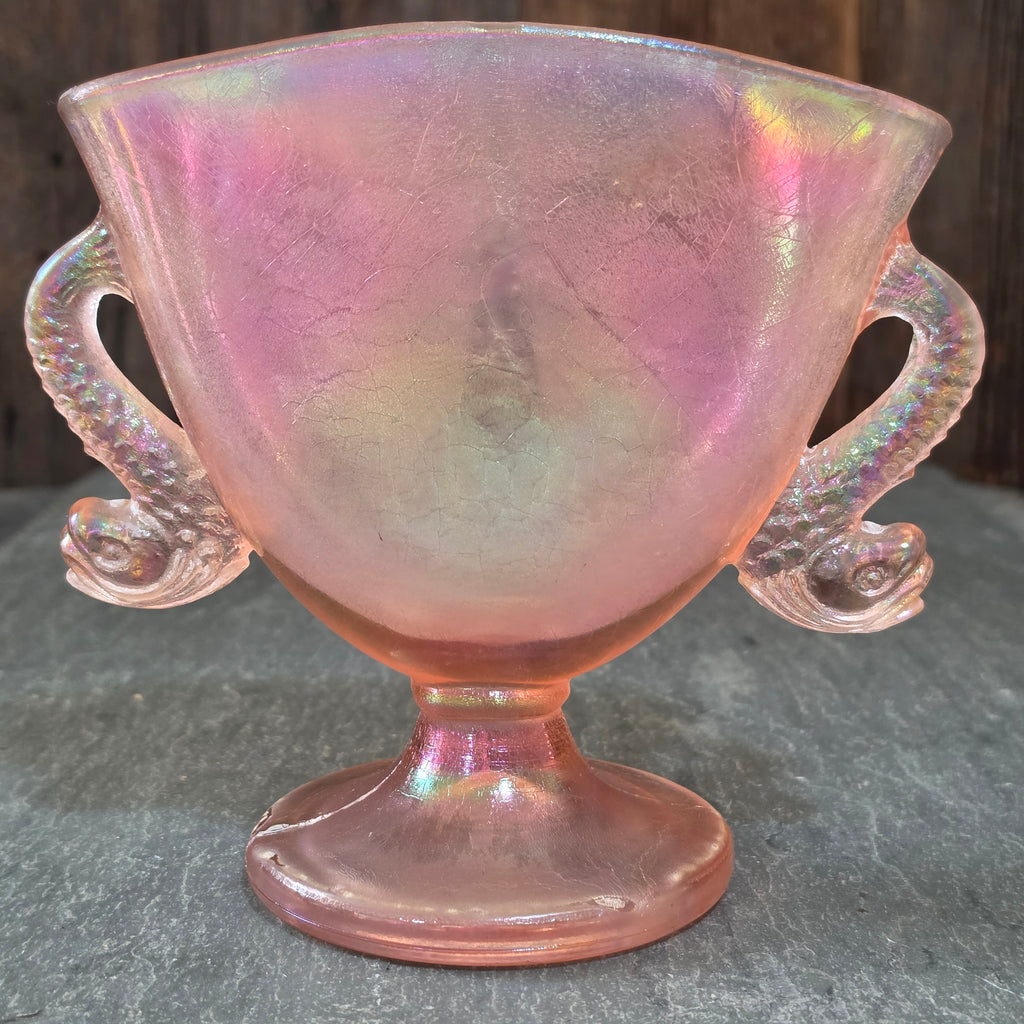 Antique 1920s Fenton Velva Rose Pink Stretch Glass Fan Vase Dolphin Handles 7"