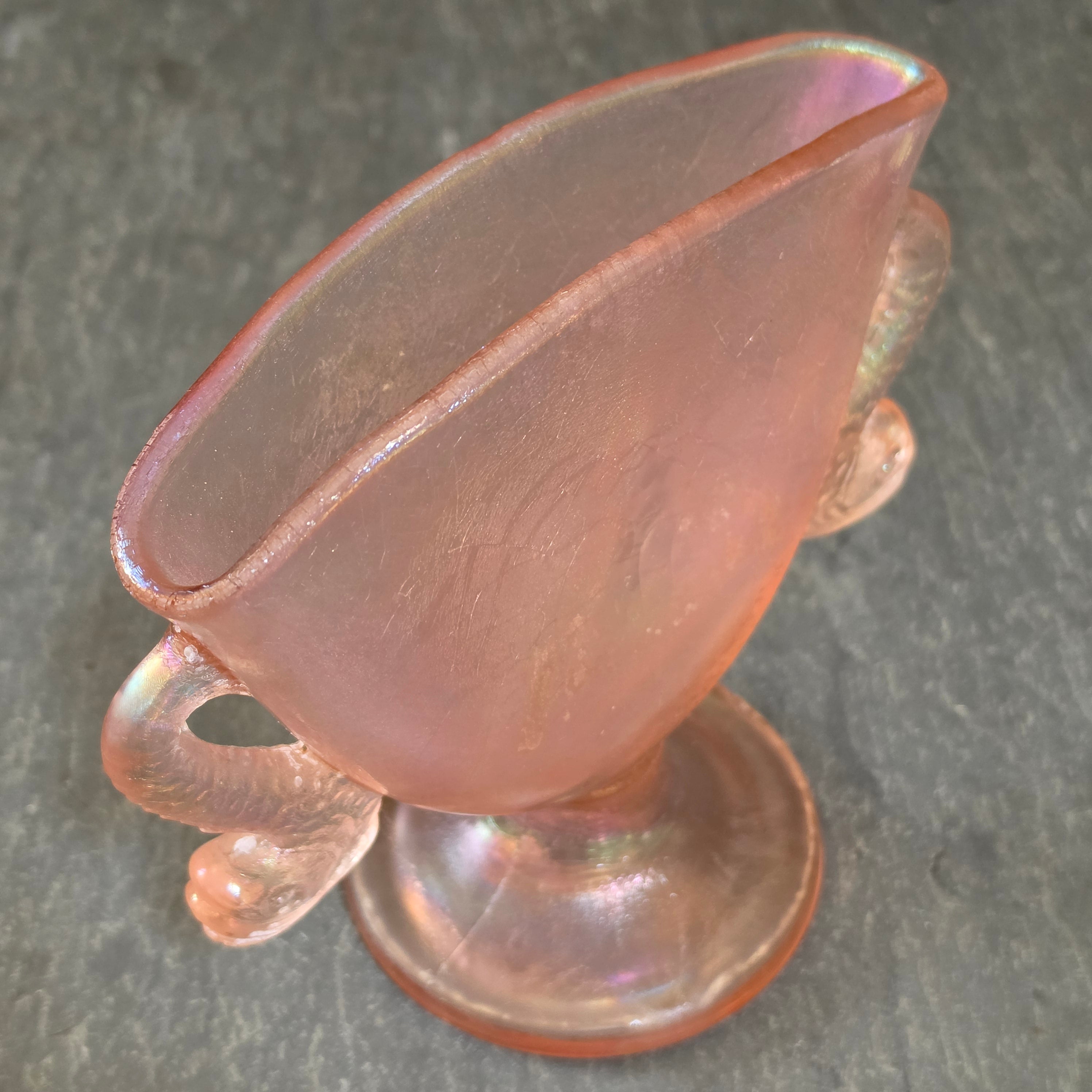 Antique 1920s Fenton Velva Rose Pink Stretch Glass Fan Vase Dolphin Handles 7"
