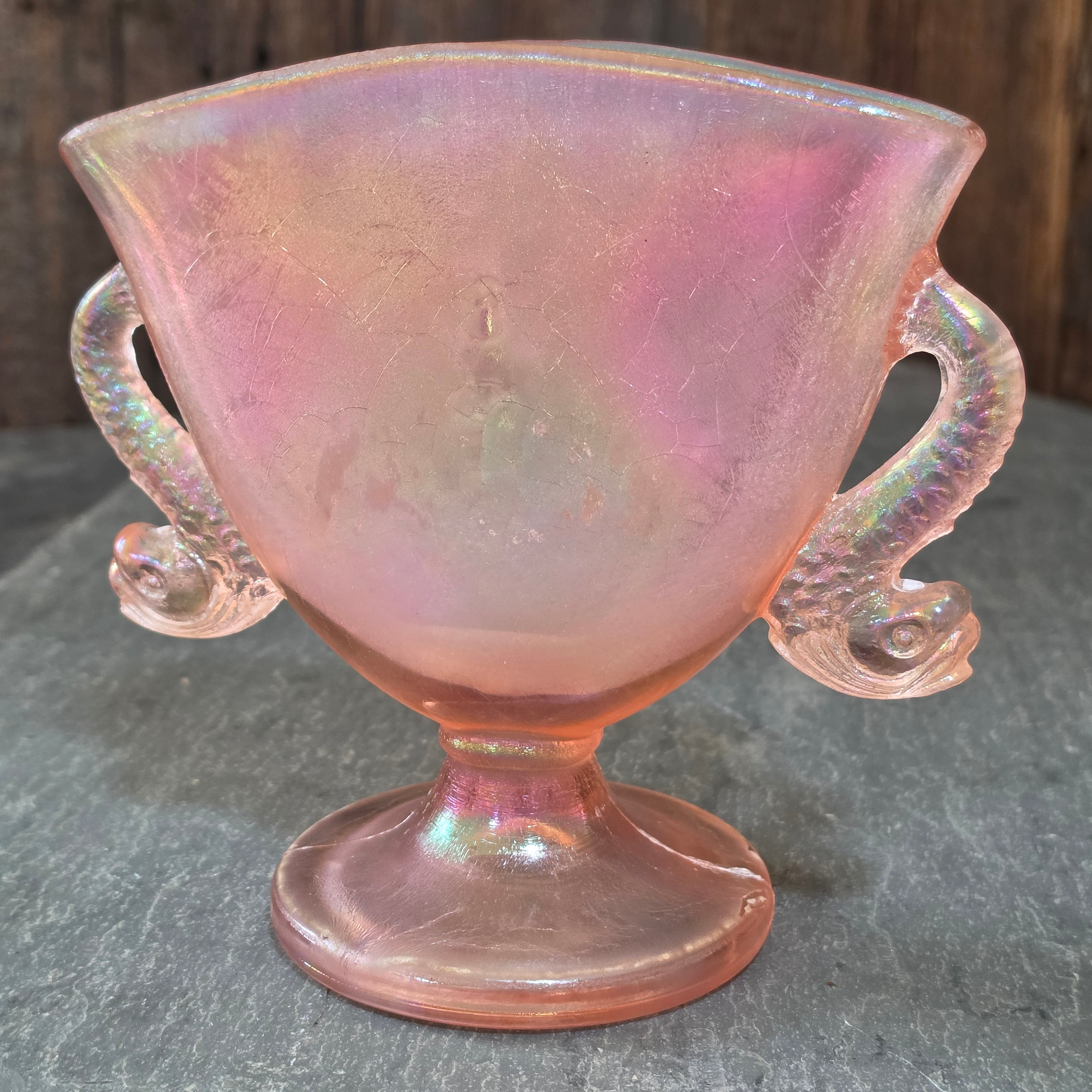 Antique 1920s Fenton Velva Rose Pink Stretch Glass Fan Vase Dolphin Handles 7"