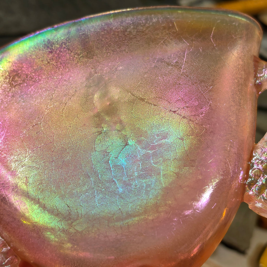Antique 1920s Fenton Velva Rose Pink Stretch Glass Fan Vase Dolphin Handles 7"