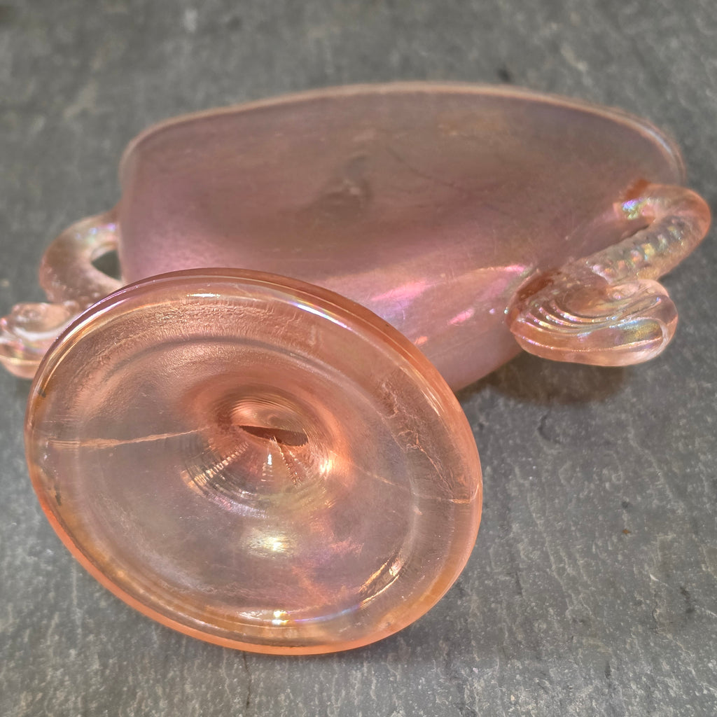 Antique 1920s Fenton Velva Rose Pink Stretch Glass Fan Vase Dolphin Handles 7"
