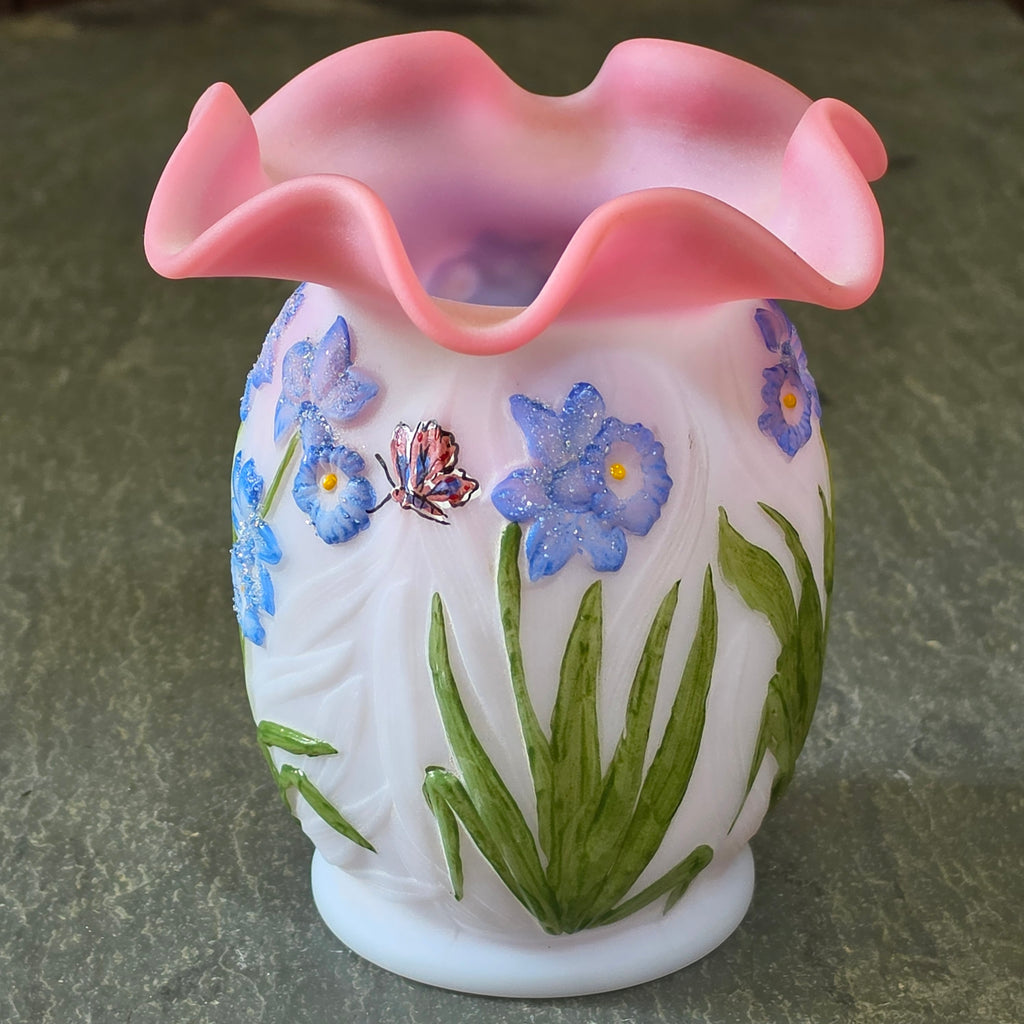 Fenton Art Glass Rose Crest Pink Ruffled Satin Vase Butterfly Marilyn Wagner