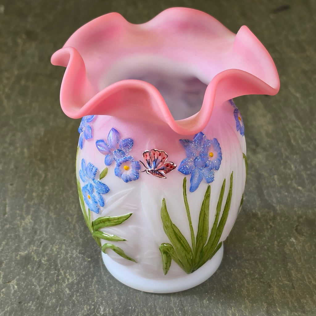 Fenton Art Glass Rose Crest Pink Ruffled Satin Vase Butterfly Marilyn Wagner