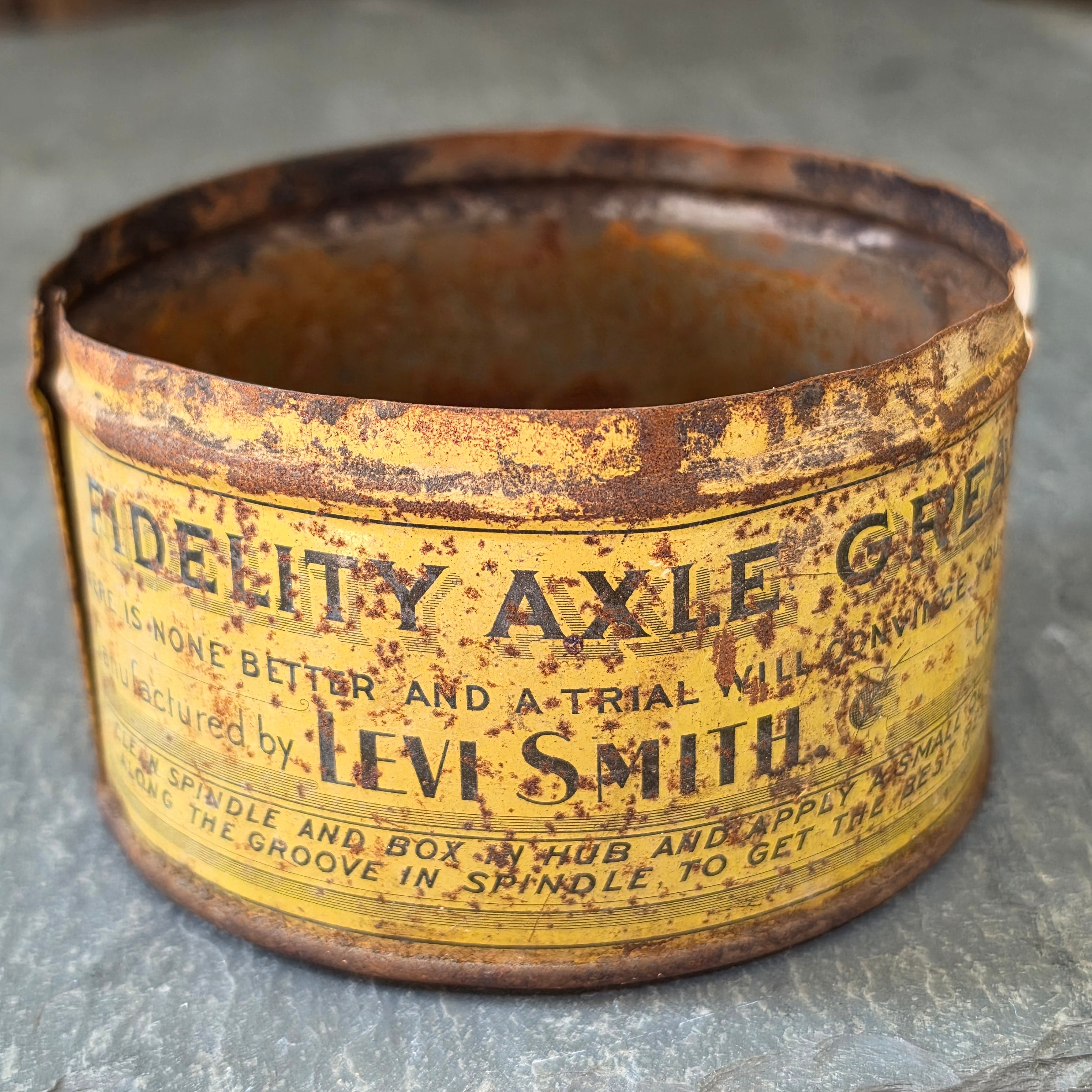 Antique Fidelity Axle Grease Tin Can Levi Smith Clarendon PA Wagon Buggy Oil Gas