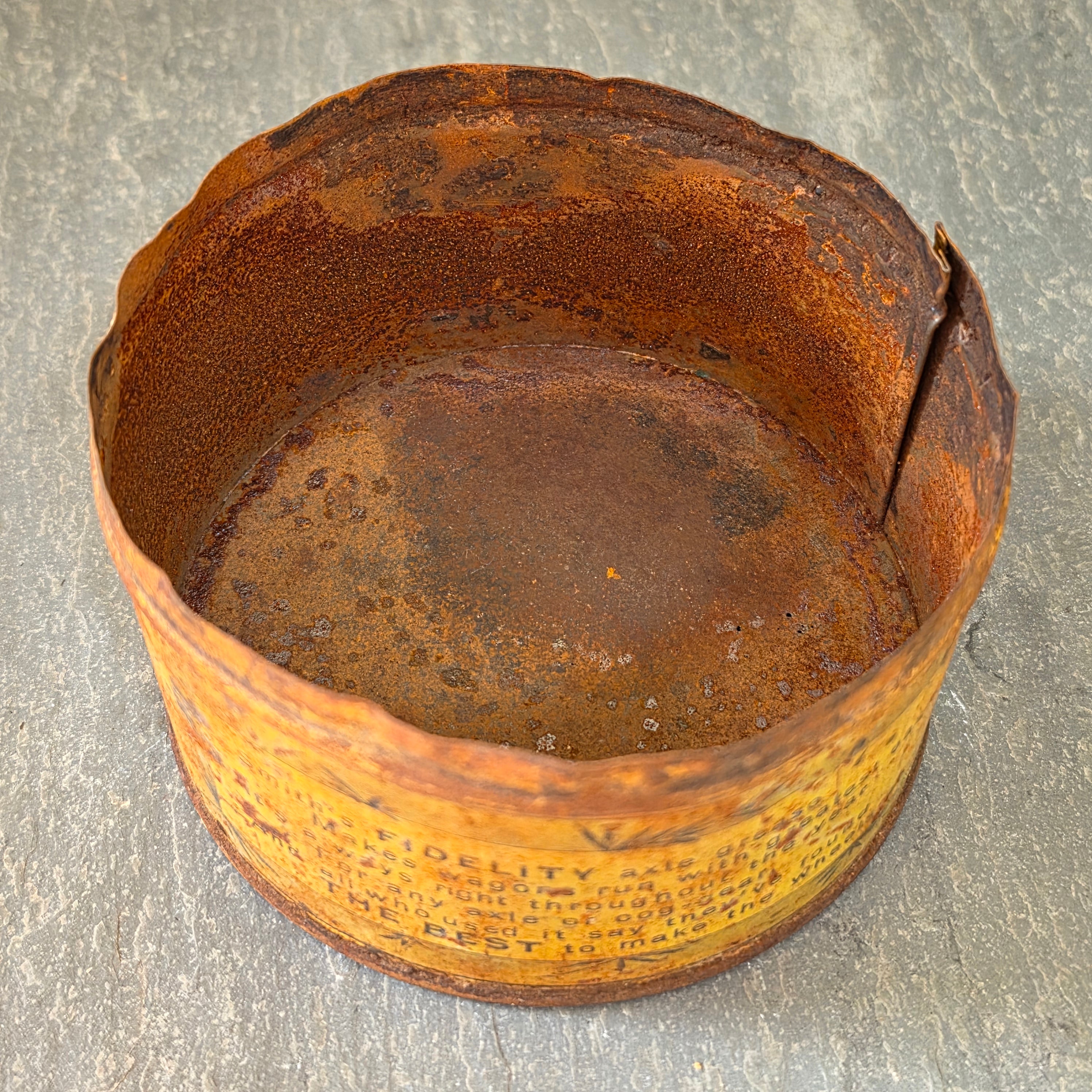 Antique Fidelity Axle Grease Tin Can Levi Smith Clarendon PA Wagon Buggy Oil Gas