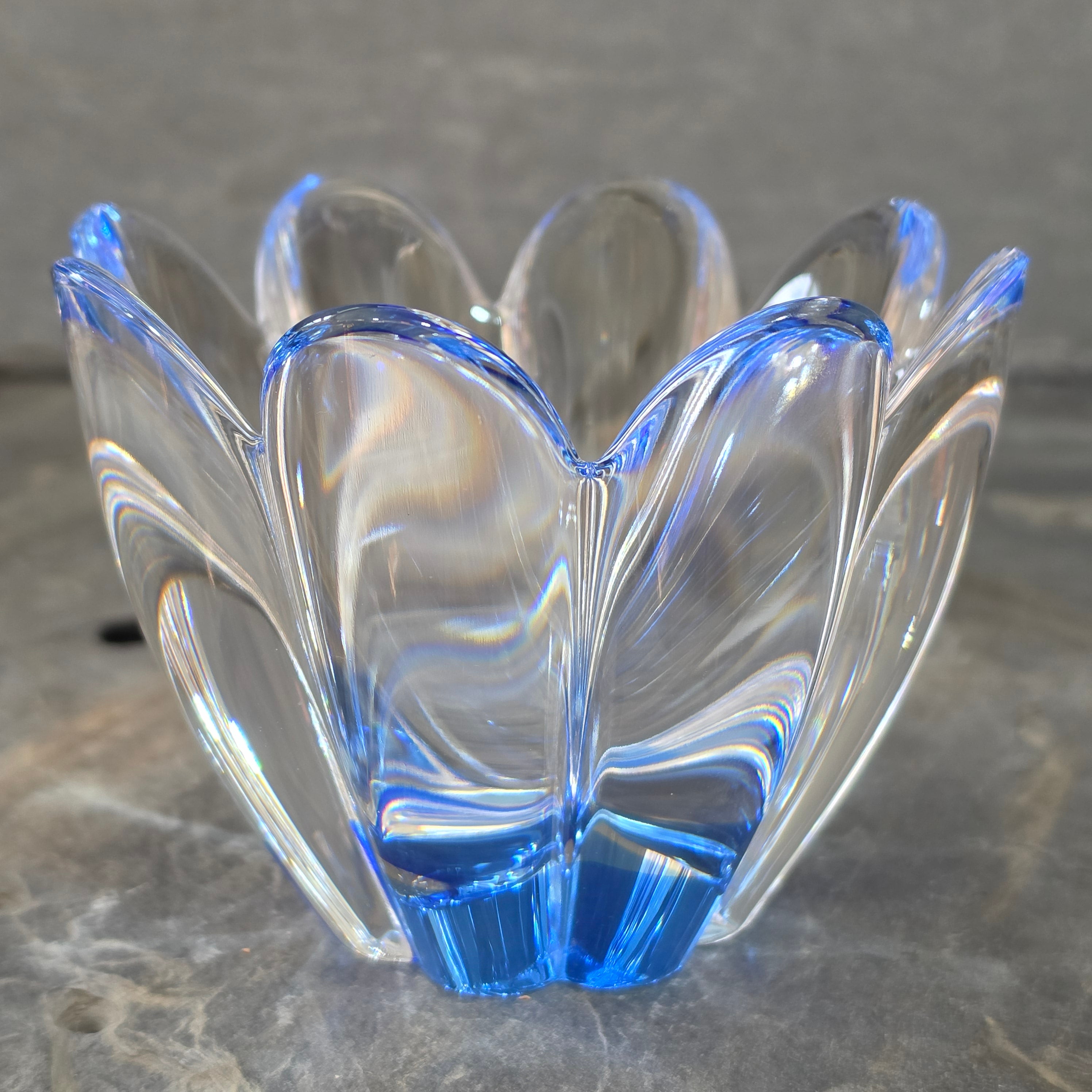 Orrefors Sweden Mayflower Blue Crystal Lotus Bowl Jan Johansson Signed JJ