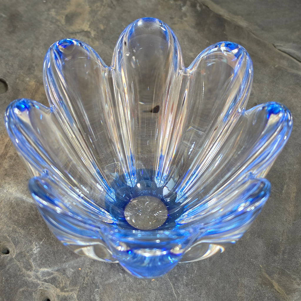 Orrefors Sweden Mayflower Blue Crystal Lotus Bowl Jan Johansson Signed JJ