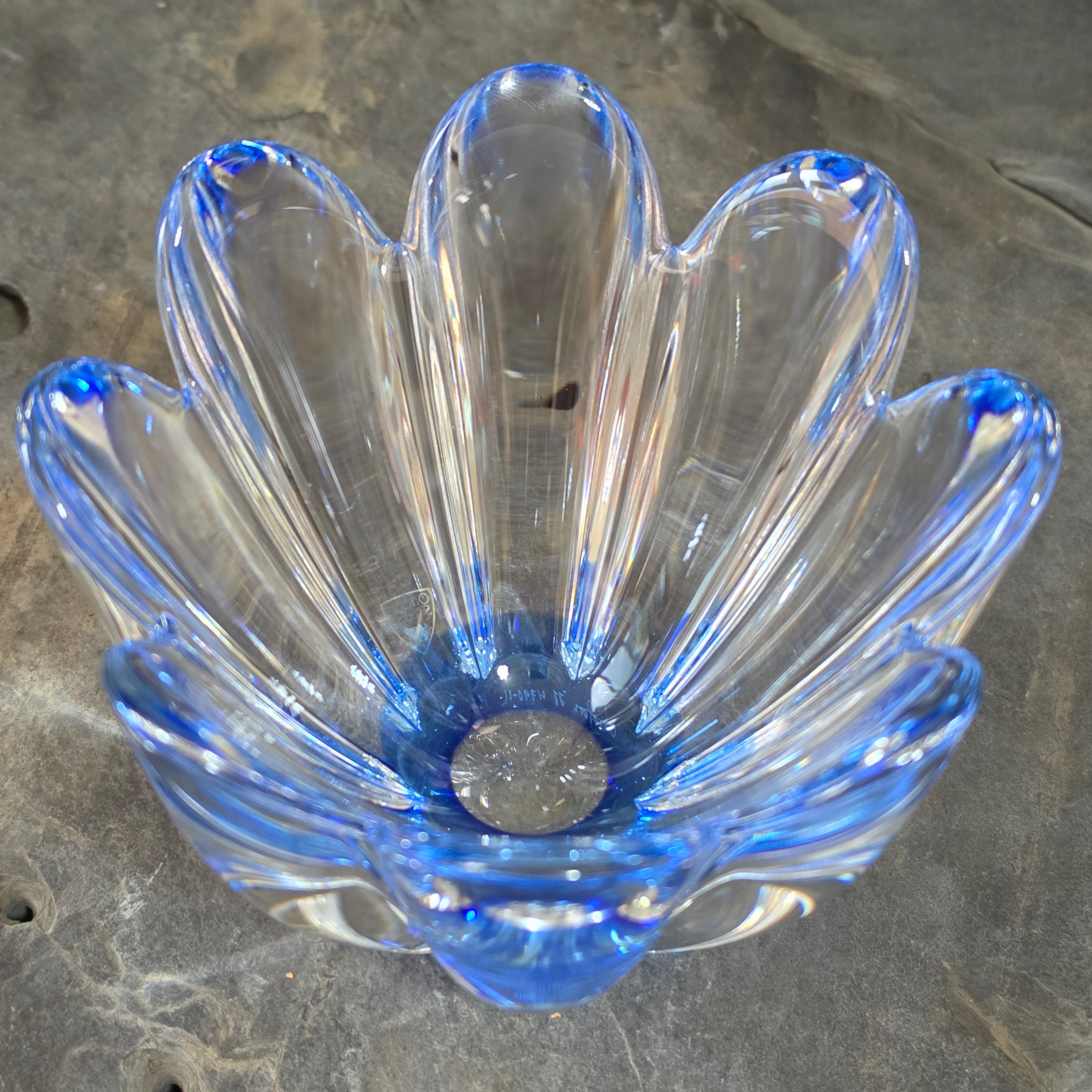 Orrefors Sweden Mayflower Blue Crystal Lotus Bowl Jan Johansson Signed JJ