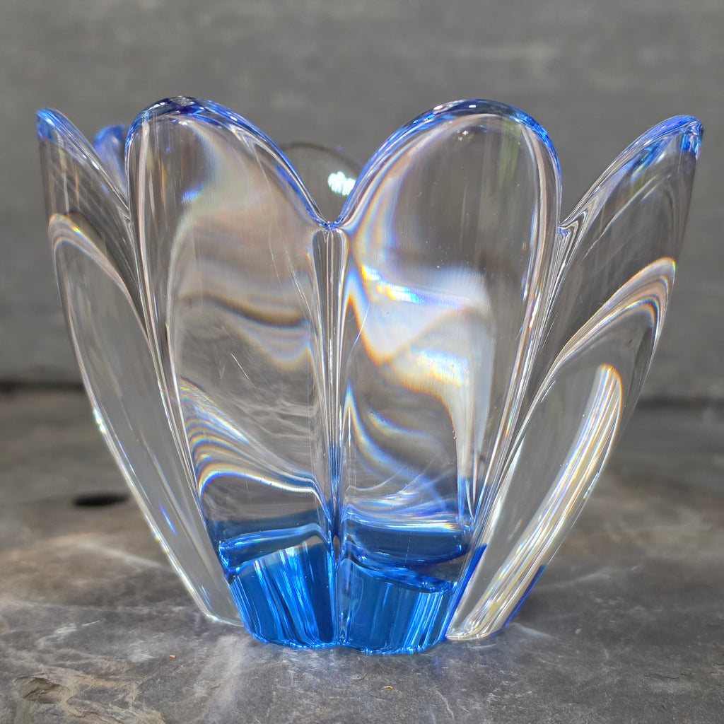 Orrefors Sweden Mayflower Blue Crystal Lotus Bowl Jan Johansson Signed JJ