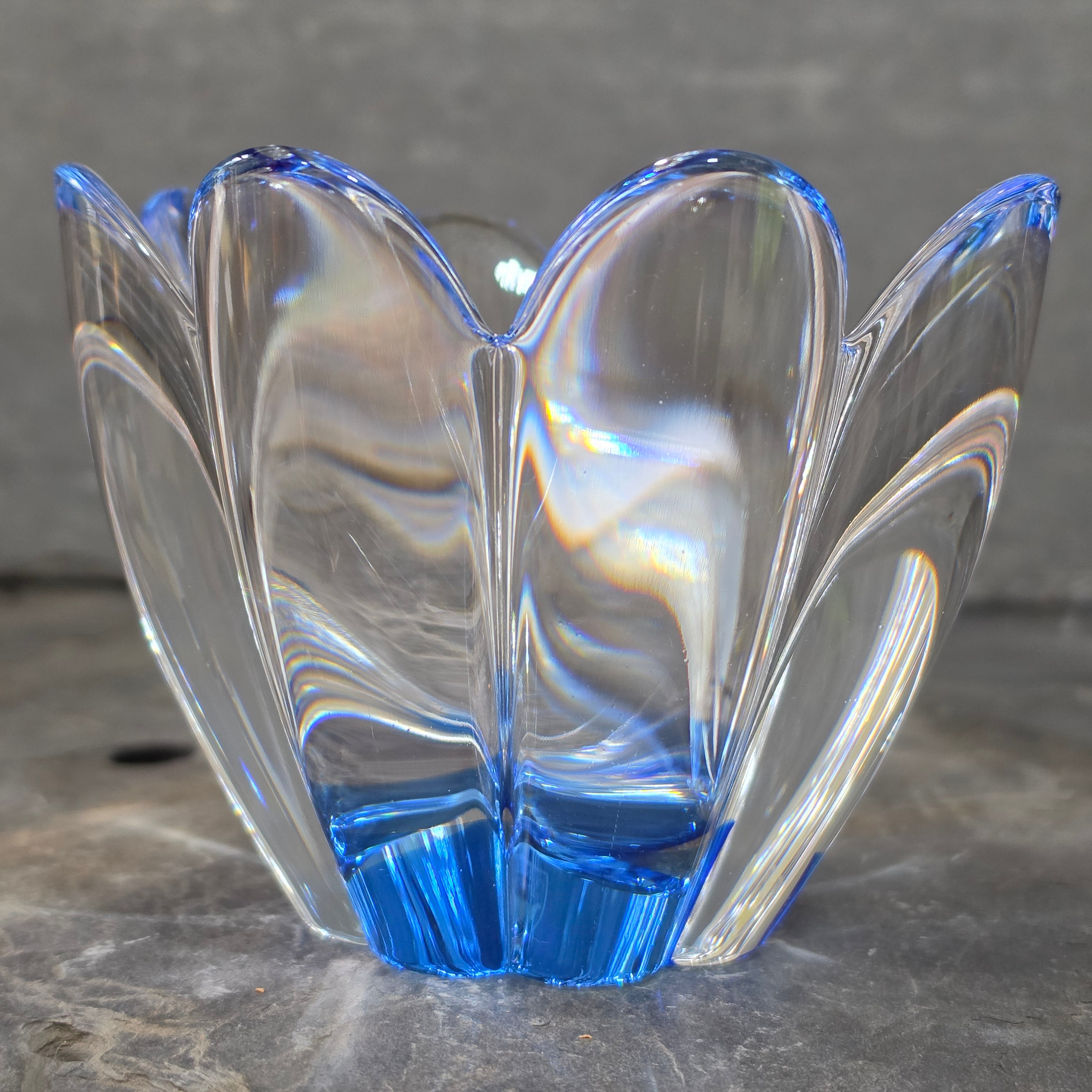 Orrefors Sweden Mayflower Blue Crystal Lotus Bowl Jan Johansson Signed JJ
