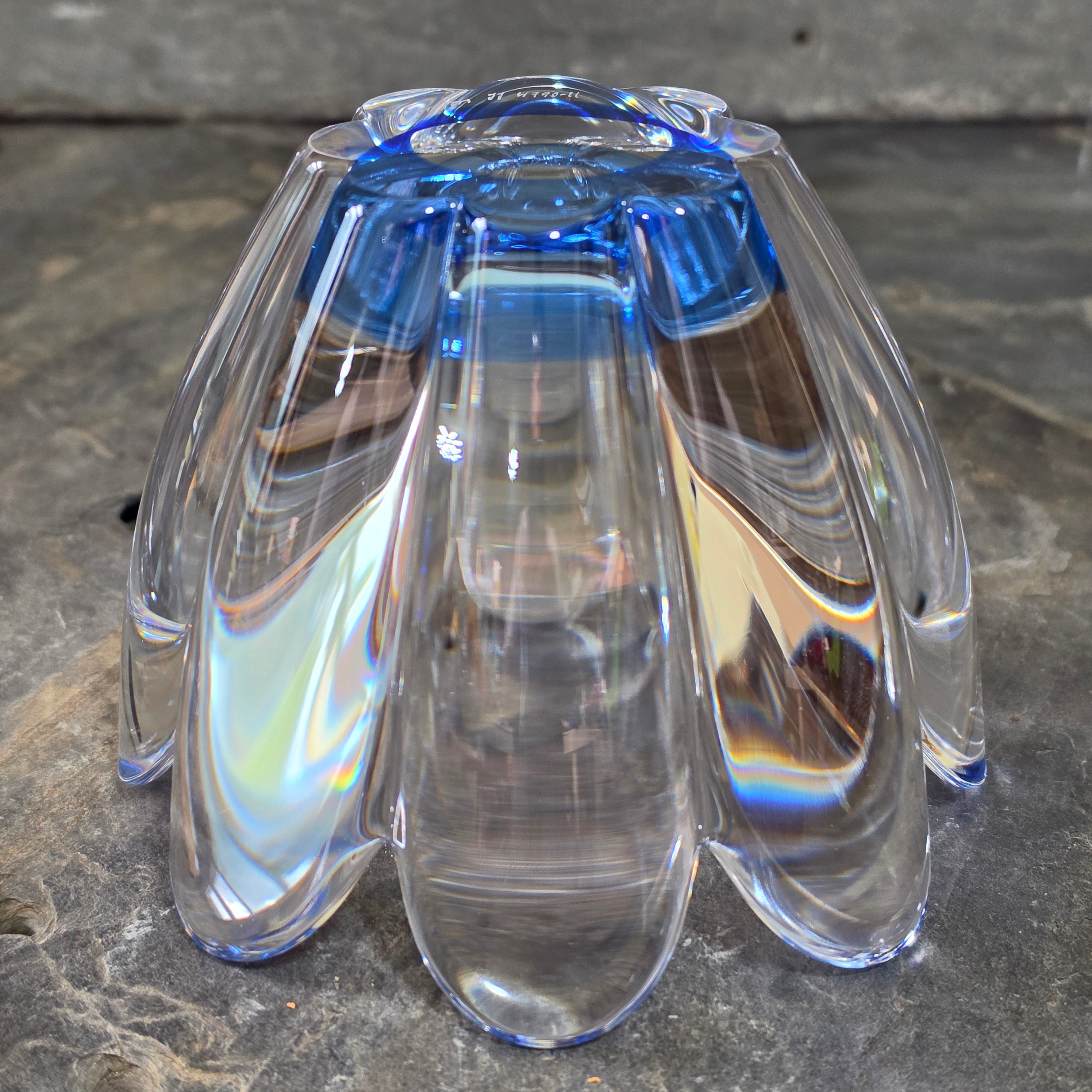 Orrefors Sweden Mayflower Blue Crystal Lotus Bowl Jan Johansson Signed JJ
