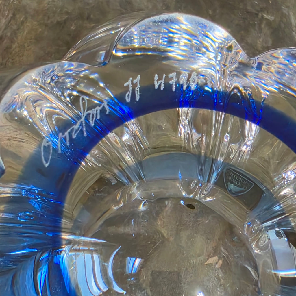 Orrefors Sweden Mayflower Blue Crystal Lotus Bowl Jan Johansson Signed JJ