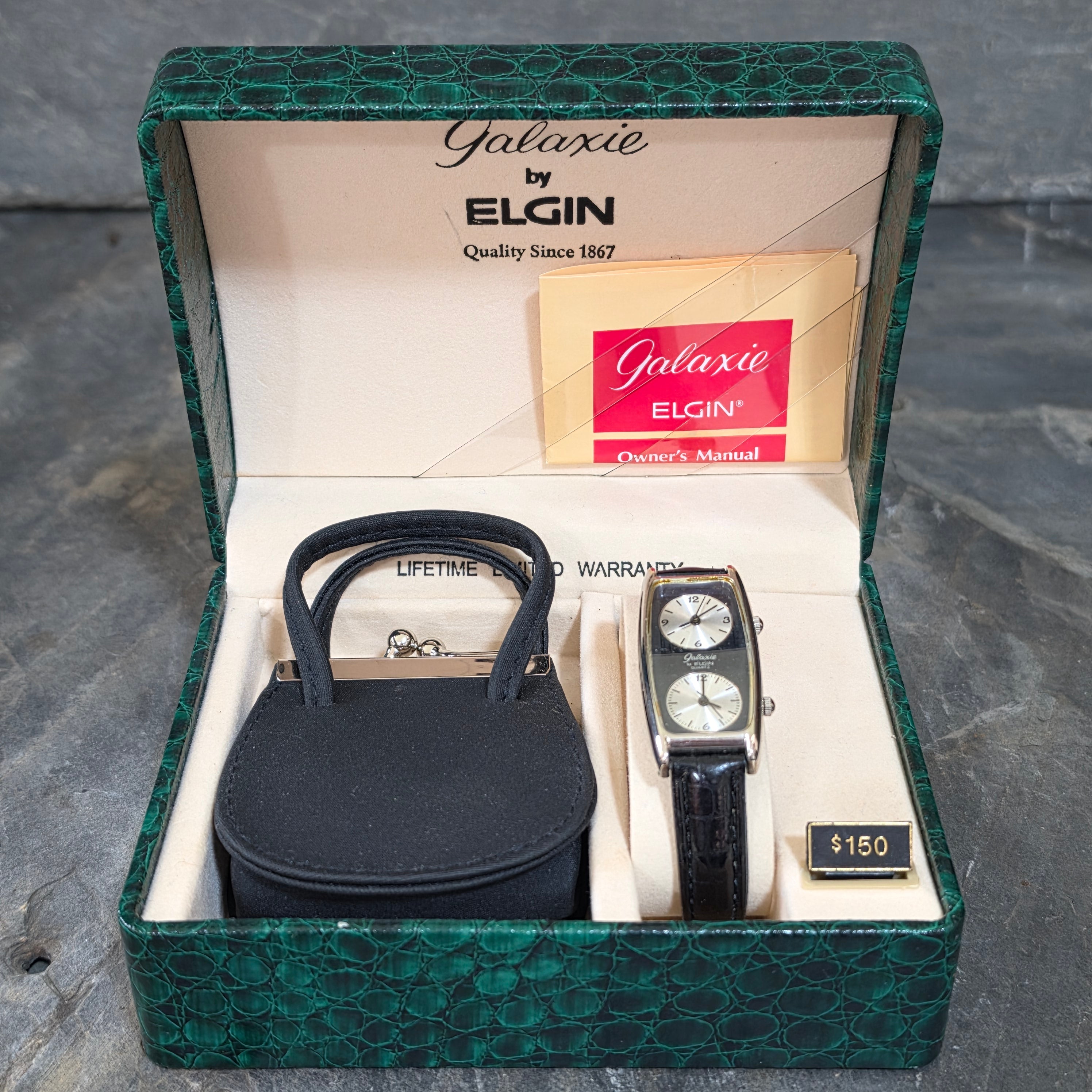 Vintage Galaxie by Elgin Dual Time Zone Watch Boxed Set Purse Charm Tag 1986