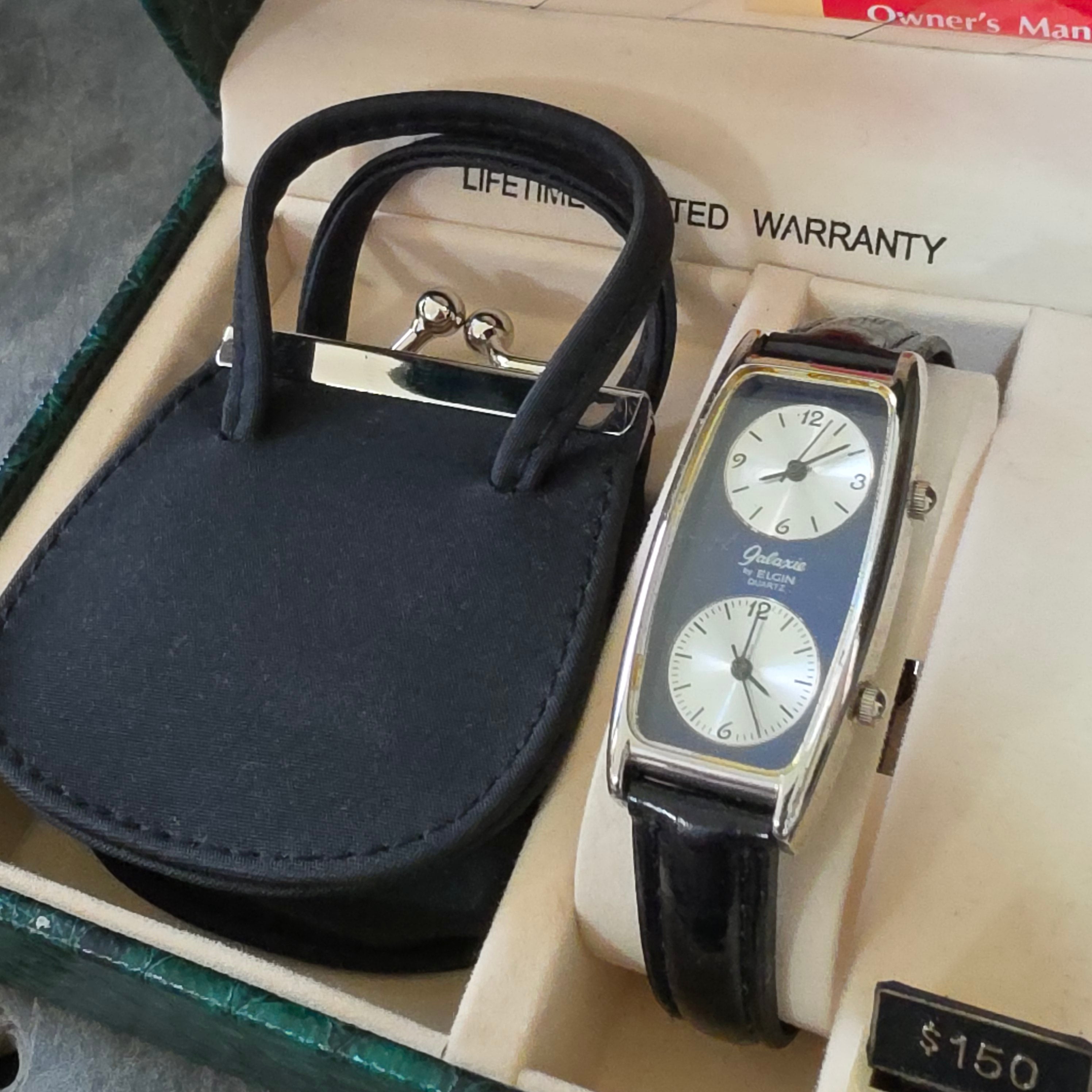 Vintage Galaxie by Elgin Dual Time Zone Watch Boxed Set Purse Charm Tag 1986