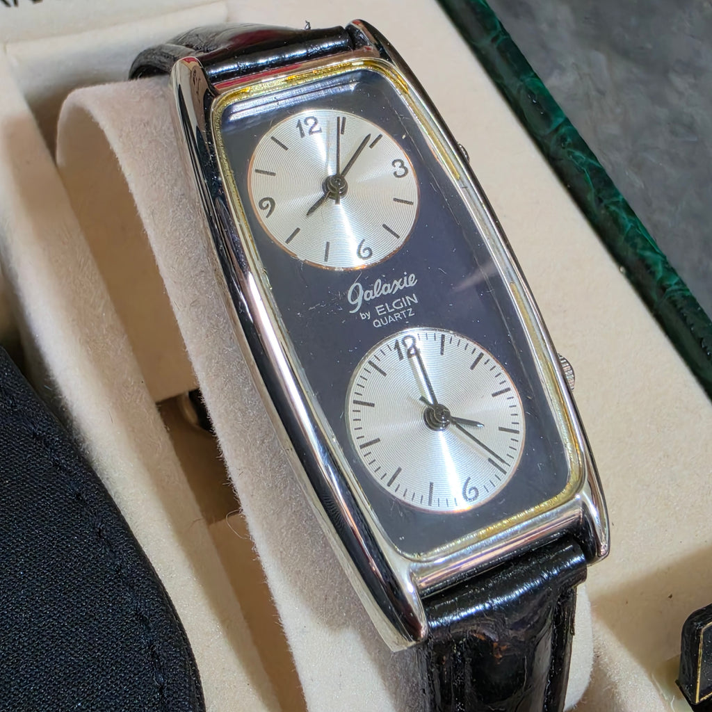 Vintage Galaxie by Elgin Dual Time Zone Watch Boxed Set Purse Charm Tag 1986