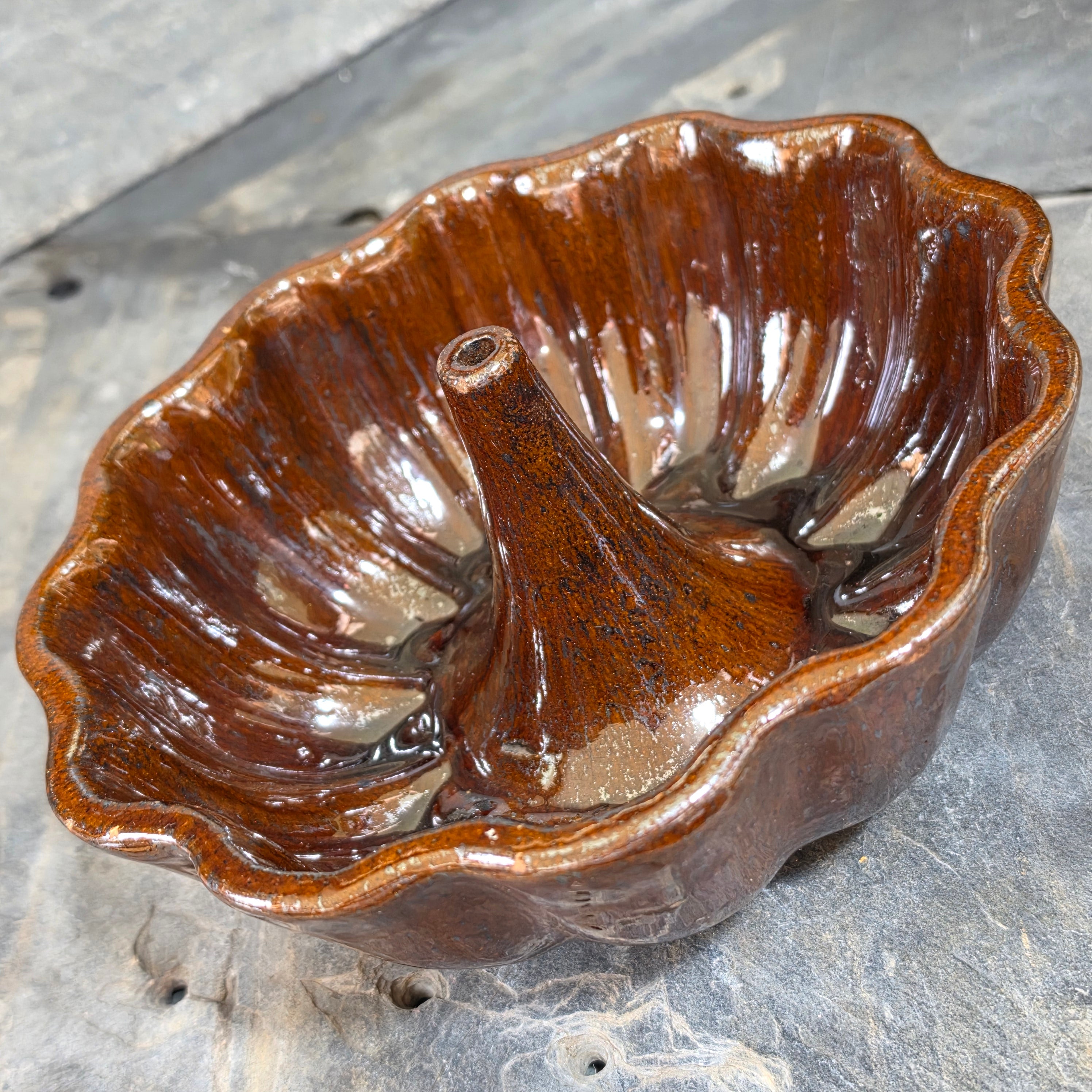 Antique Rockingham Glaze Turks Head Cake Pudding Mold Brown Fluted Bundt Pottery