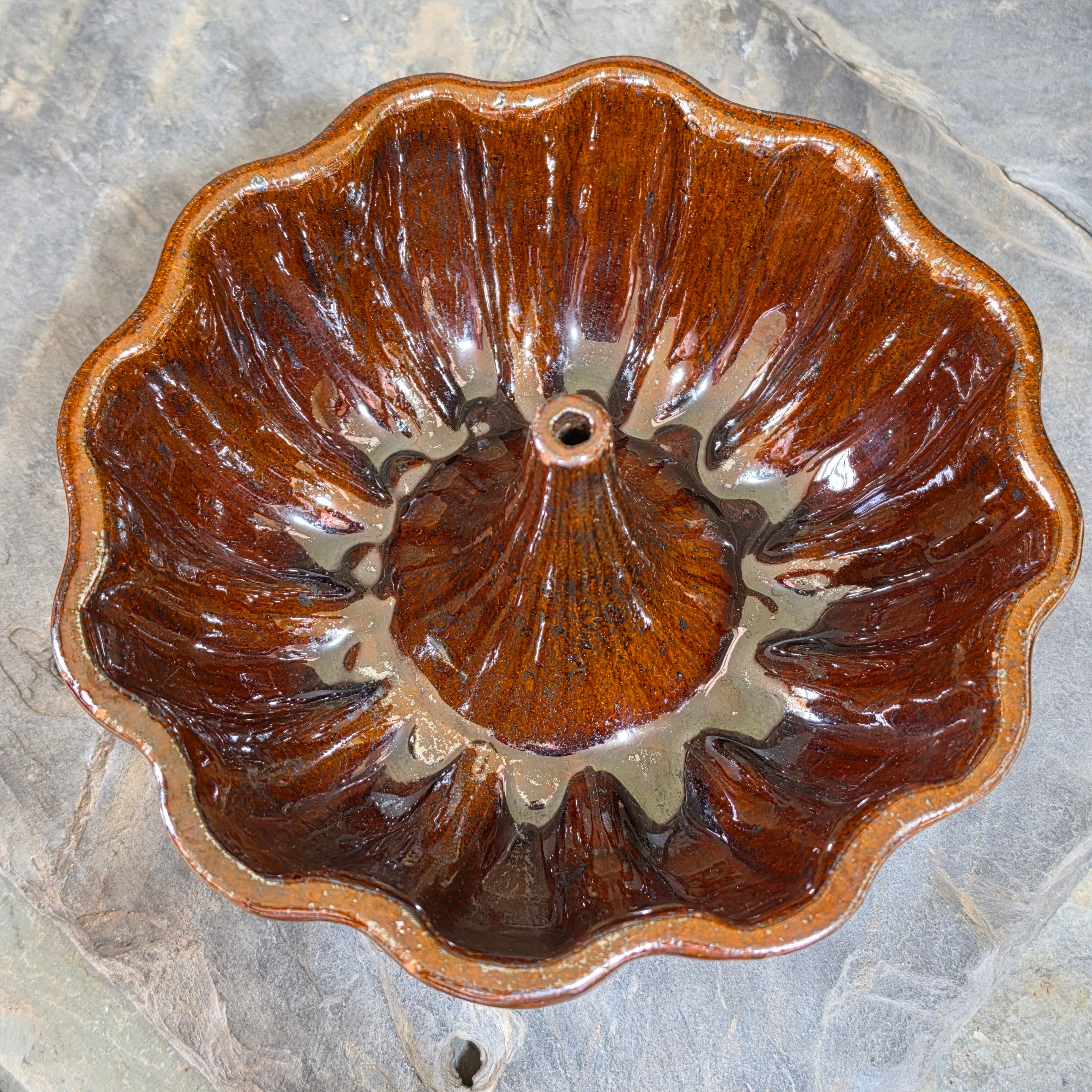 Antique Rockingham Glaze Turks Head Cake Pudding Mold Brown Fluted Bundt Pottery