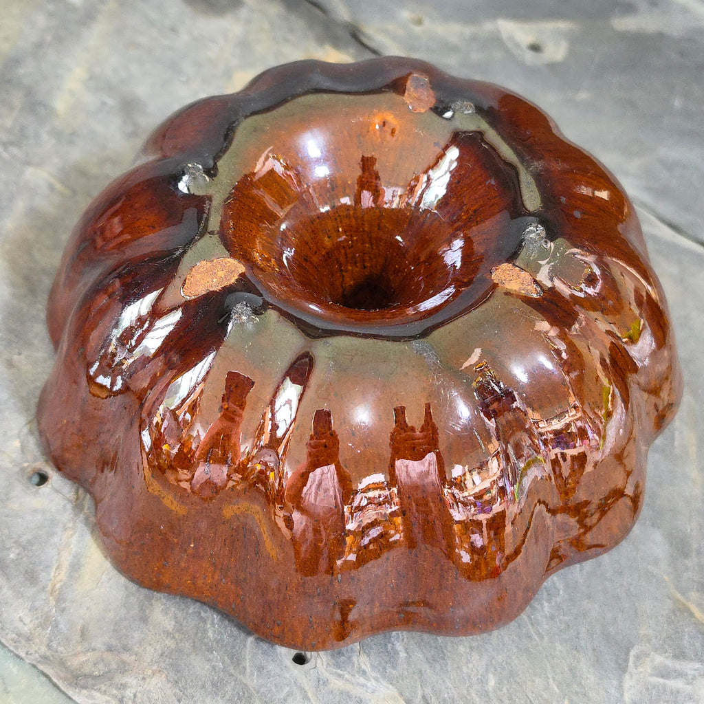 Antique Rockingham Glaze Turks Head Cake Pudding Mold Brown Fluted Bundt Pottery