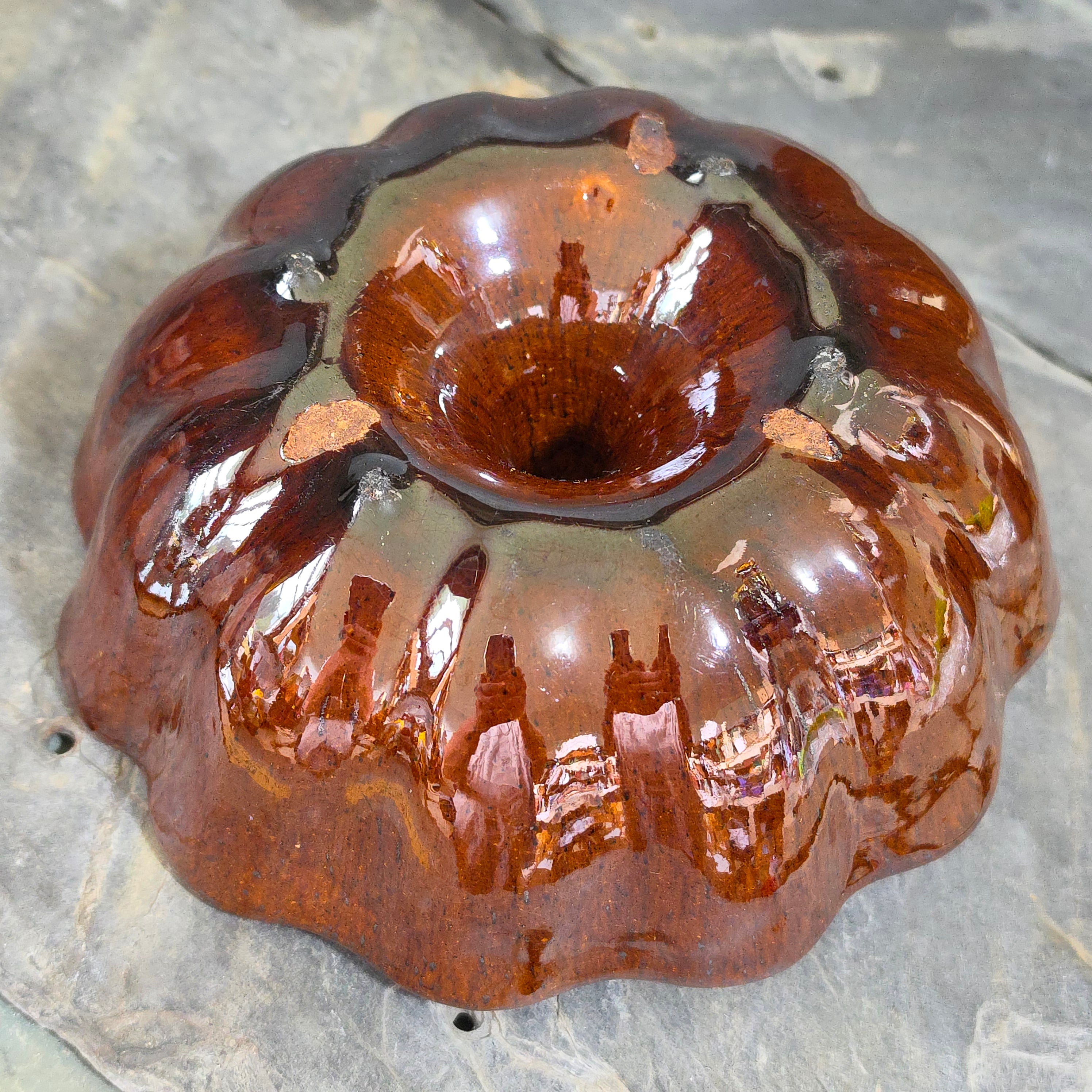 Antique Rockingham Glaze Turks Head Cake Pudding Mold Brown Fluted Bundt Pottery