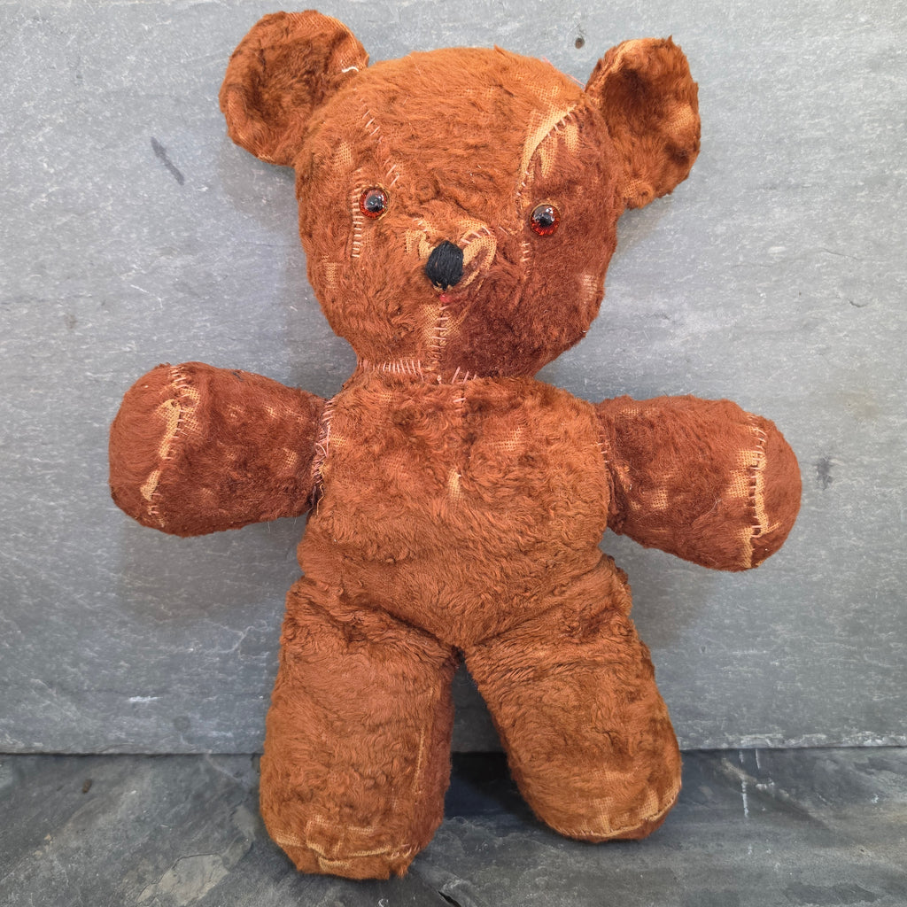 Antique Primitive Mohair Teddy Bear 16" Amber Glass Eyes Well Loved Folk Art Toy
