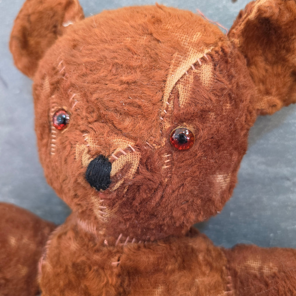 Antique Primitive Mohair Teddy Bear 16" Amber Glass Eyes Well Loved Folk Art Toy