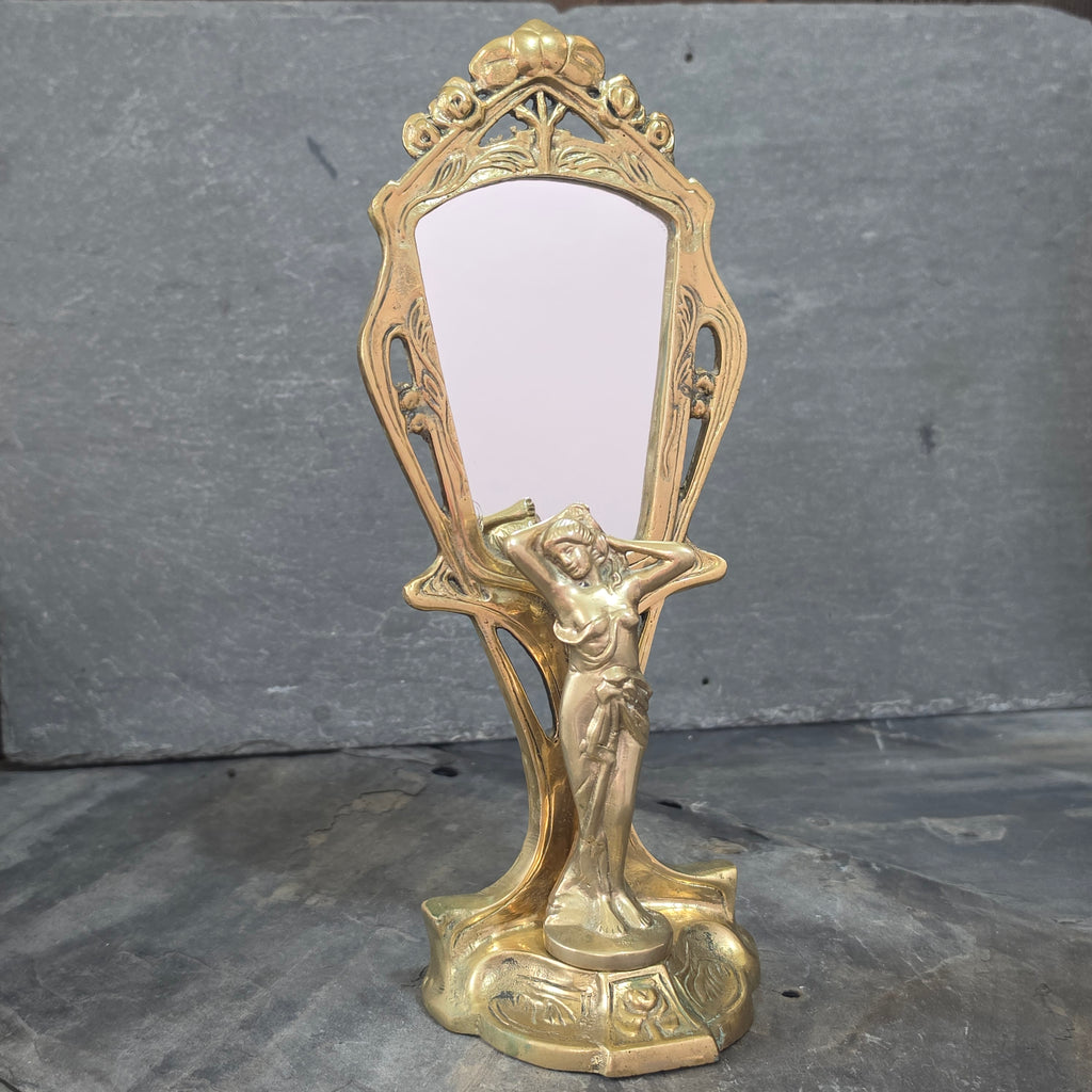 Vintage Art Nouveau Cast Brass Vanity Mirror Figural Maiden Nymph Tabletop
