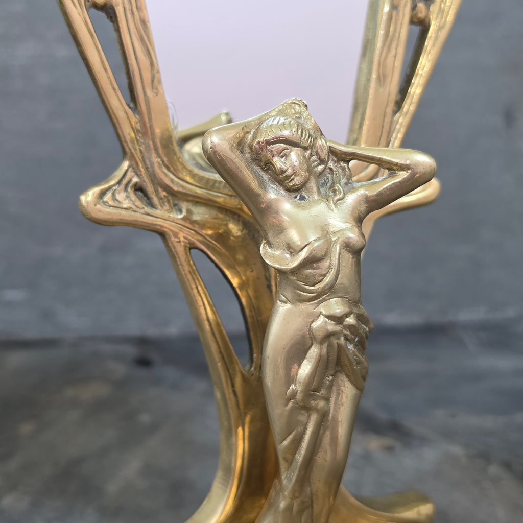 Vintage Art Nouveau Cast Brass Vanity Mirror Figural Maiden Nymph Tabletop