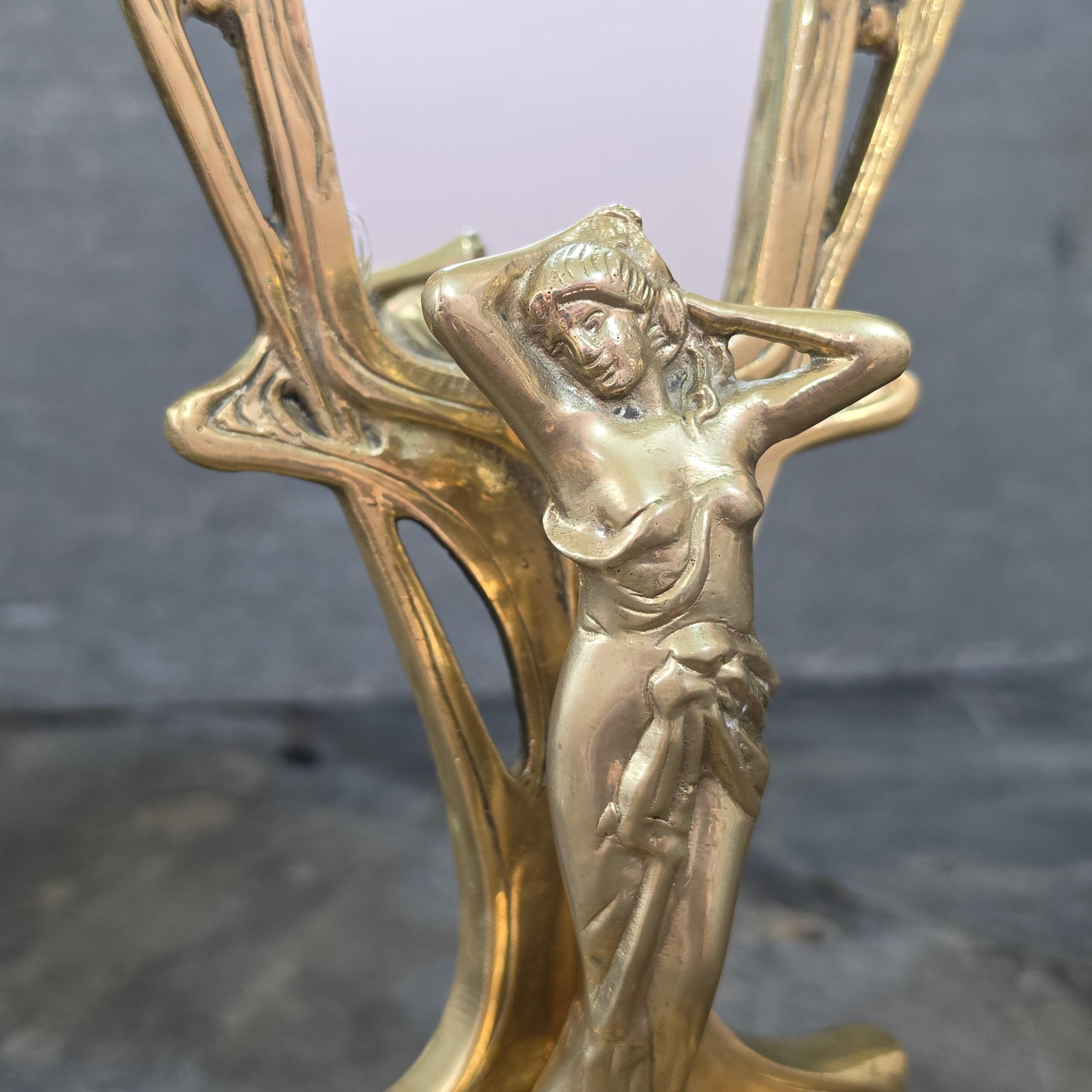Vintage Art Nouveau Cast Brass Vanity Mirror Figural Maiden Nymph Tabletop