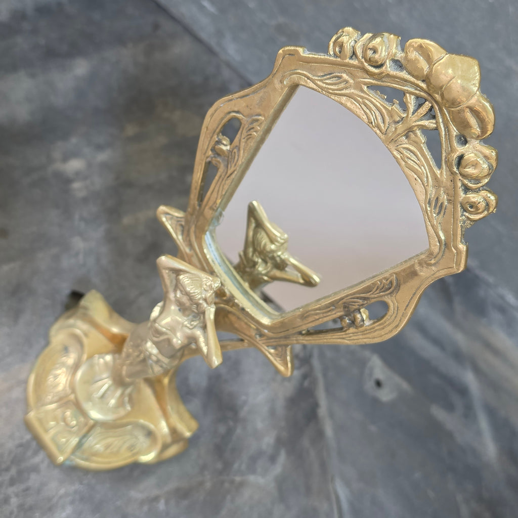 Vintage Art Nouveau Cast Brass Vanity Mirror Figural Maiden Nymph Tabletop