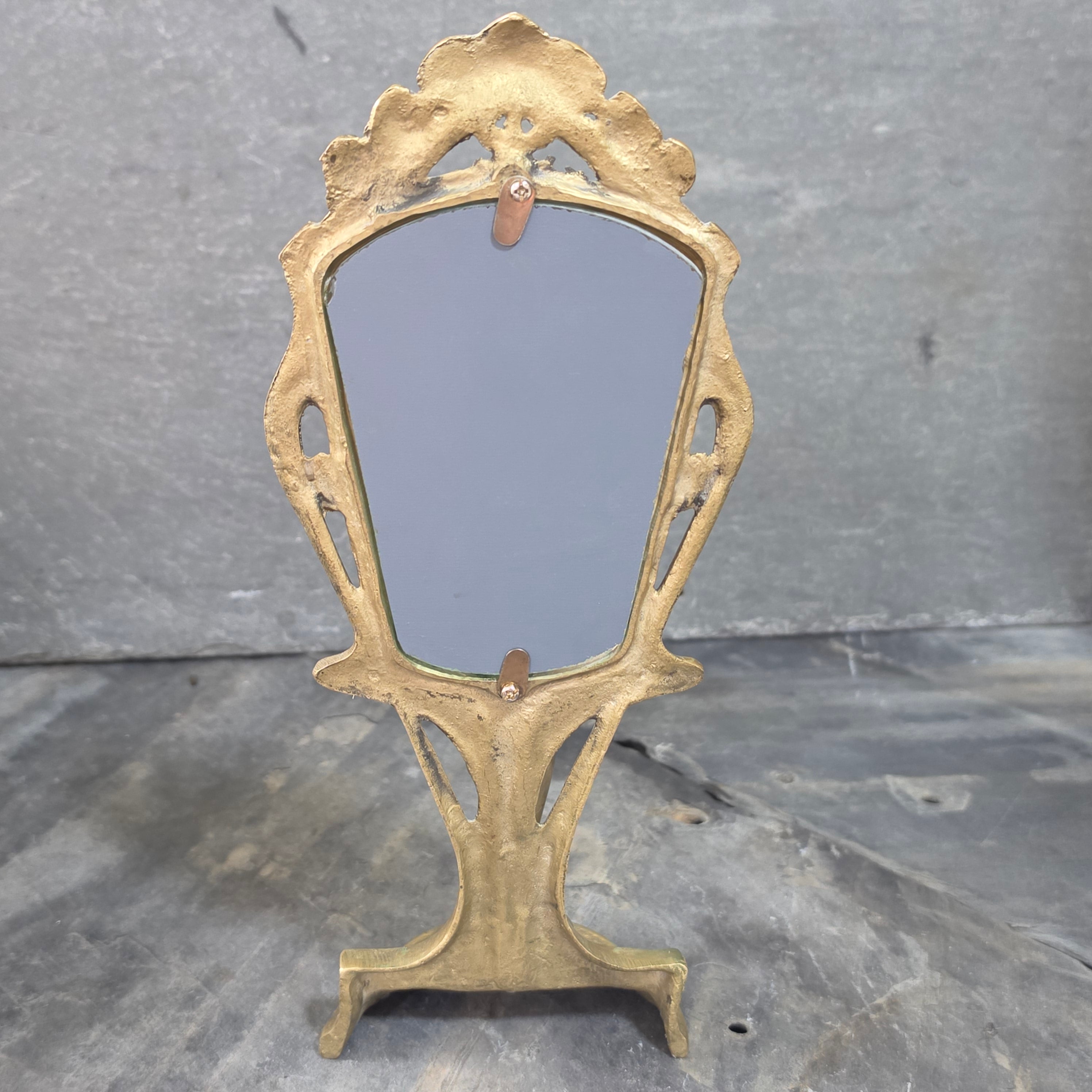 Vintage Art Nouveau Cast Brass Vanity Mirror Figural Maiden Nymph Tabletop